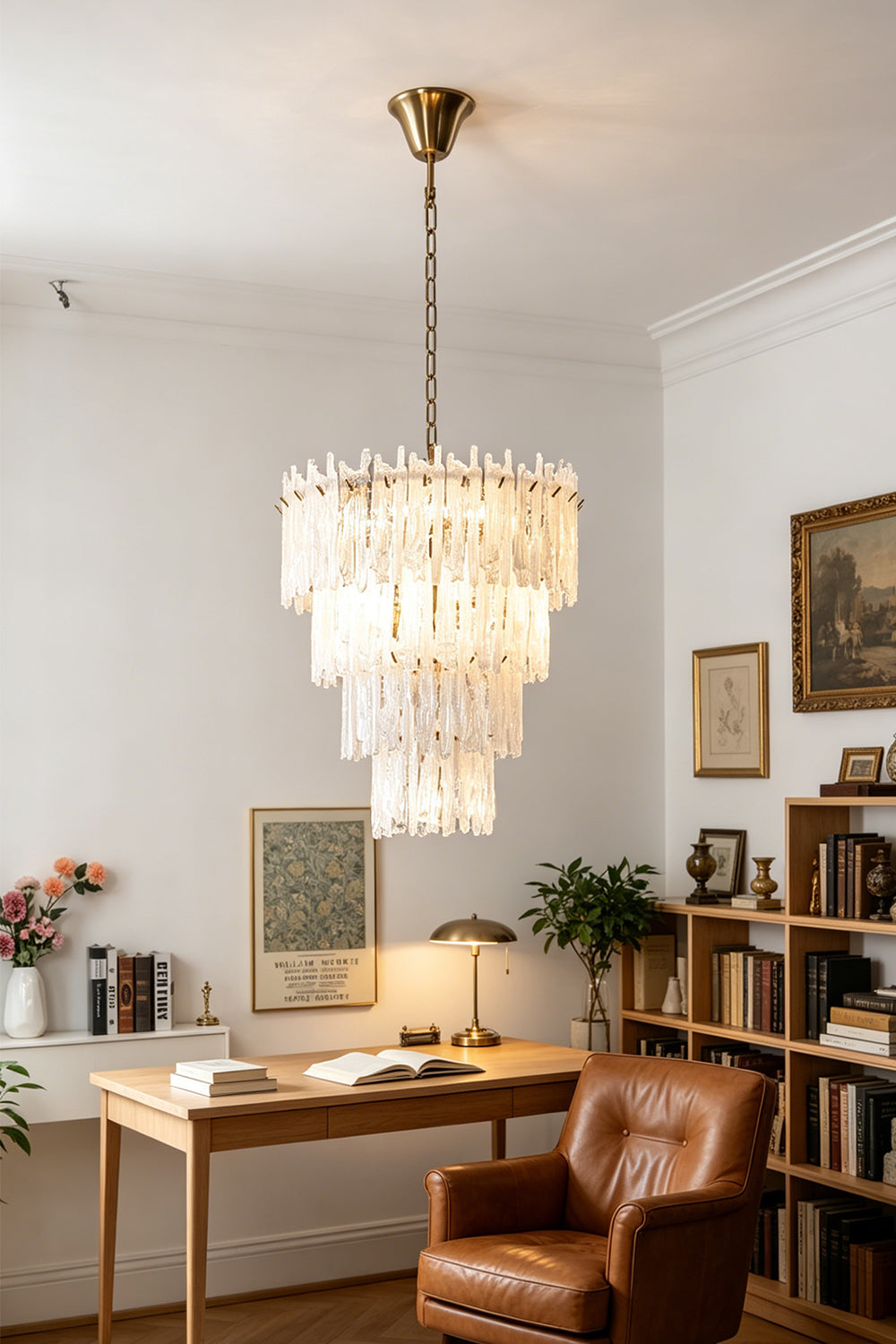 Ethereal Icicle Waterfall Chandelier | Glass, Metal | Providing a warm ambient glow over an executive desk set up in a traditional-style library room | Samu Lamp