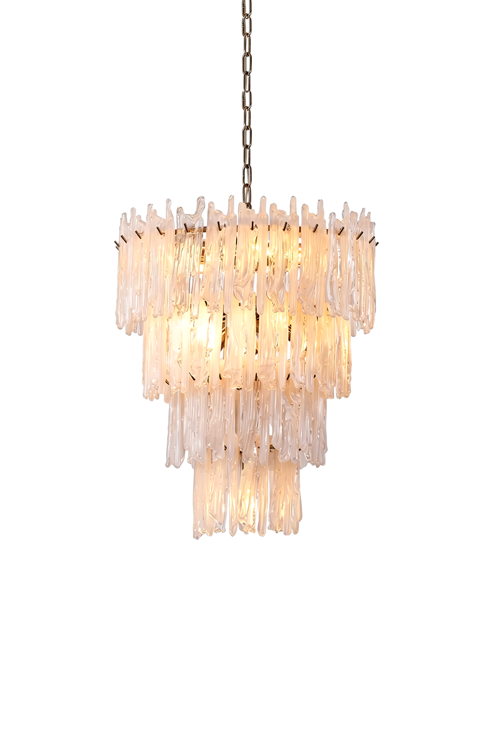 Ethereal Icicle Waterfall Chandelier | Glass, Metal | Multi-tiered cascading chandelier with hand-blown frosted icicle glass panels and brass hardware | Isolated lit product shot on white background | Samu Lamp