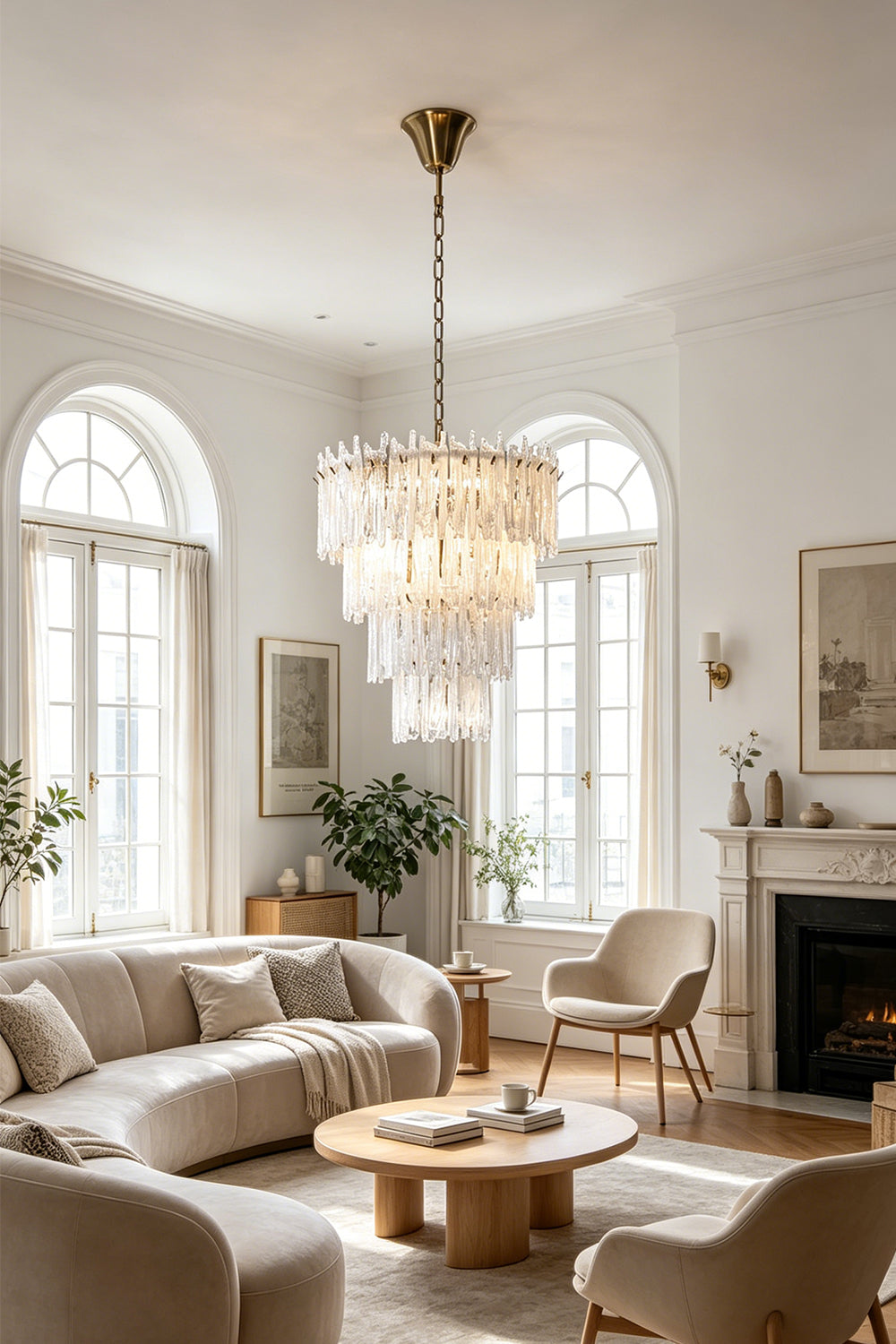 Ethereal Icicle Waterfall Chandelier | Glass, Metal | Hanging as a luxurious centerpiece in a bright, sunlit living room with curved cream sofas and arched windows | Samu Lamp