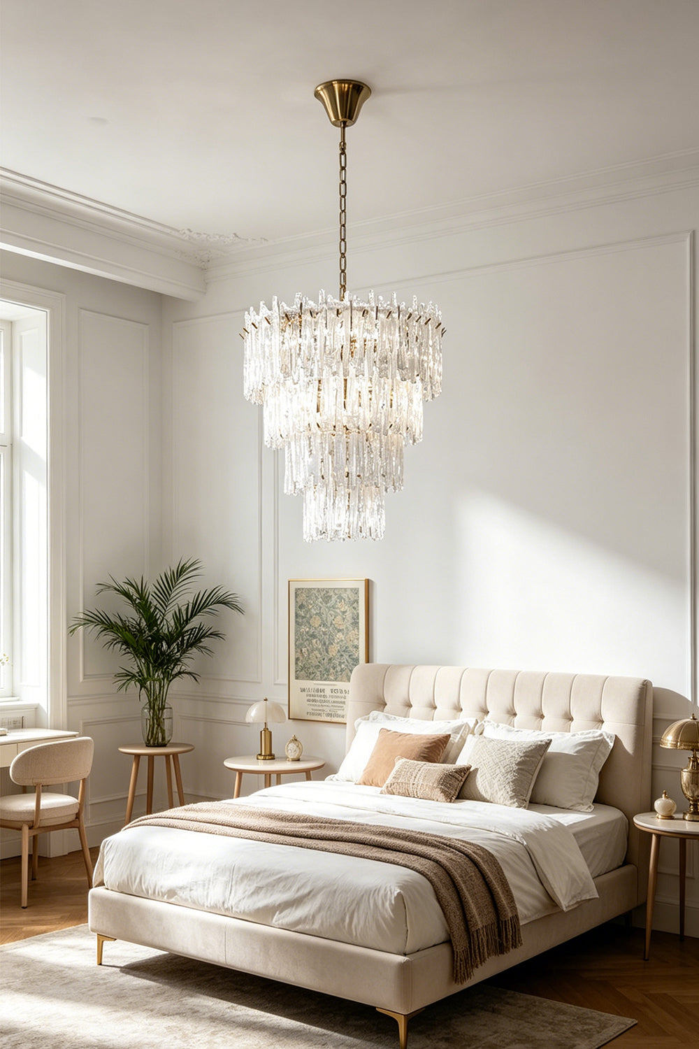Ethereal Icicle Waterfall Chandelier | Glass, Metal | Positioned as statement central lighting in an elegant, serene bedroom with a tufted neutral bed | Samu Lamp