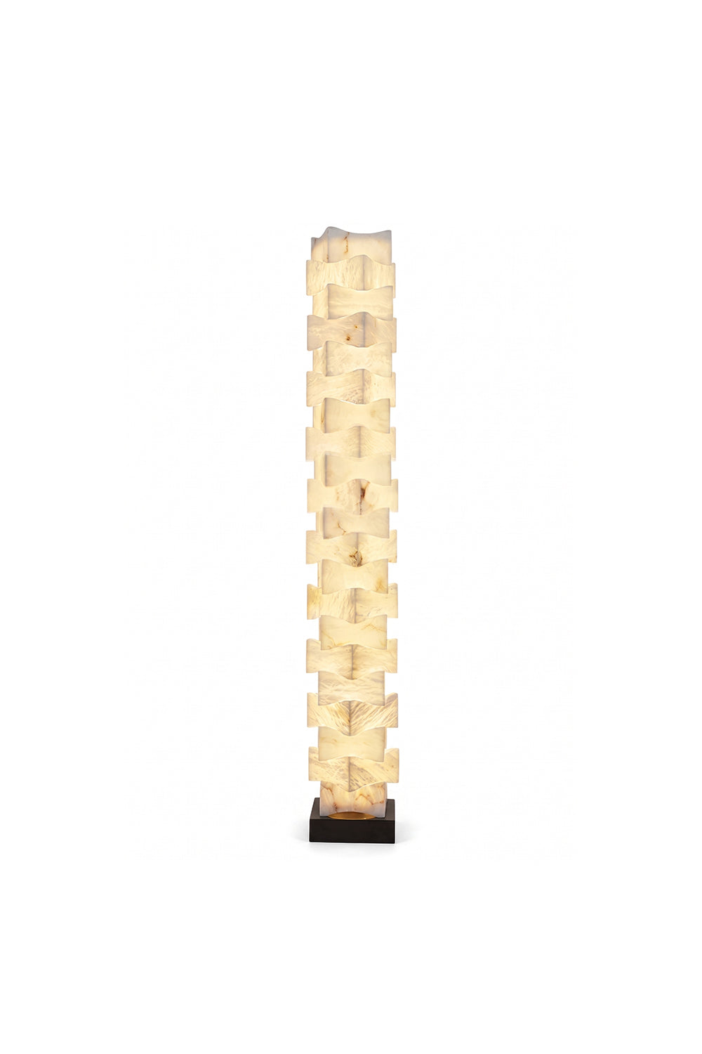 Ethereal Monolith Alabaster Floor Lamp | Lit, intricate stacked-block structure | Warm internal glow with marble veining | Square pillar form | Isolated on white | Samu Lamp