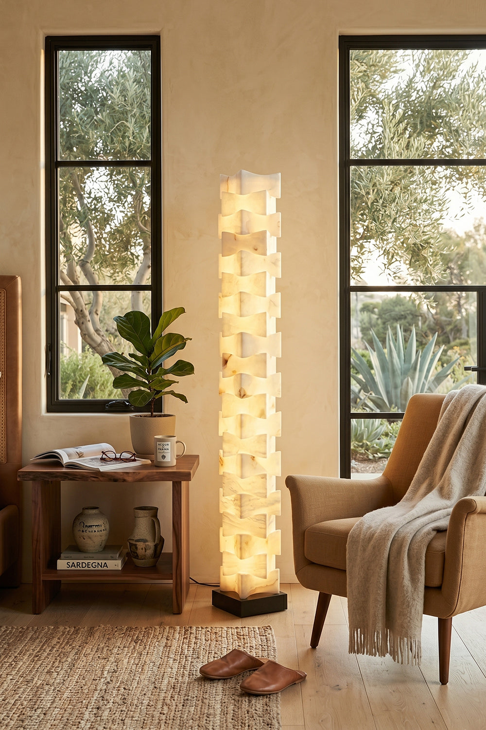 Ethereal Monolith Alabaster Floor Lamp | Lit in cozy reading or office nook | Placed between bookshelf and dark wood desk | Desert landscape views | Samu Lamp