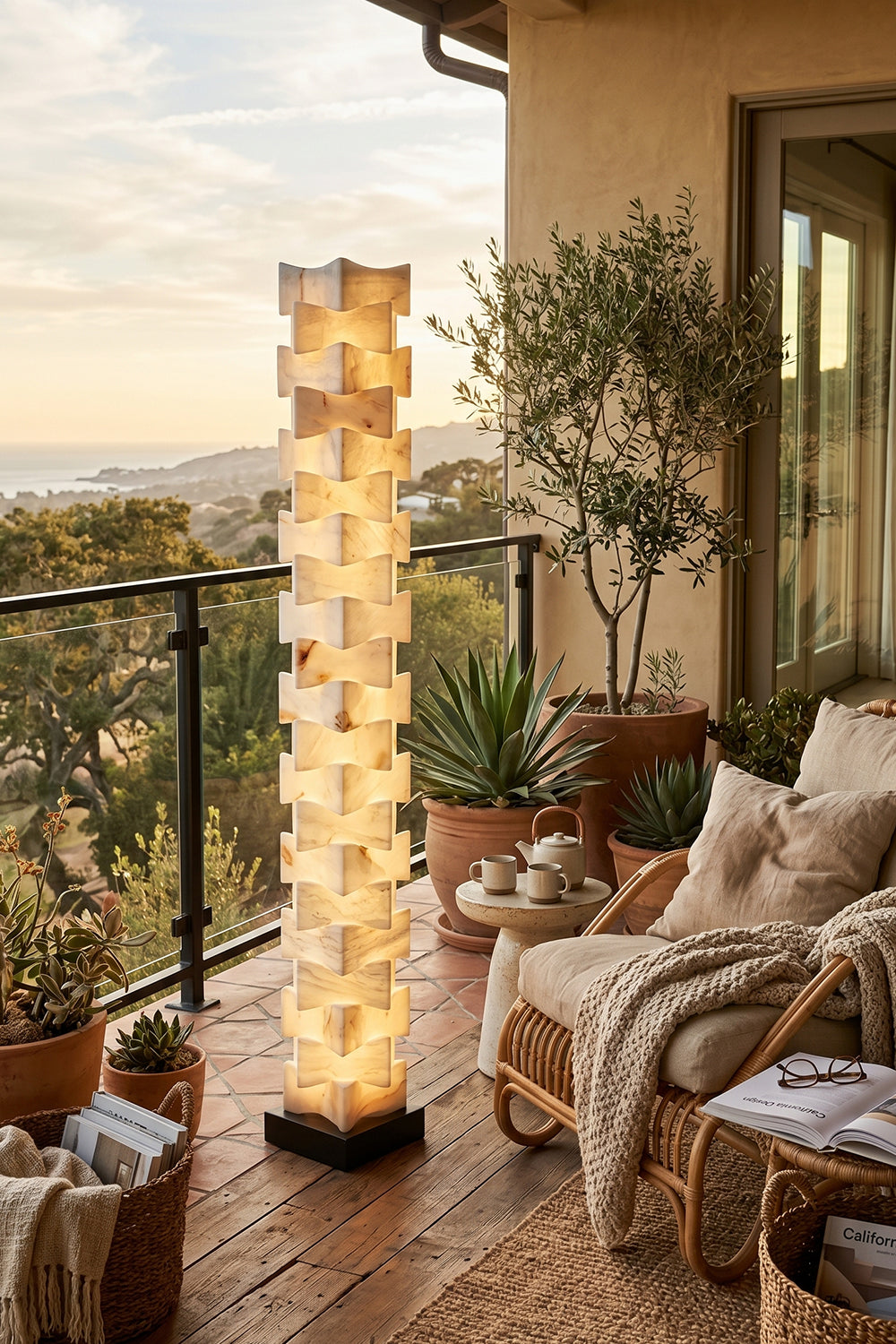 Ethereal Monolith Alabaster Floor Lamp | Lit on outdoor patio or balcony at dusk | Surrounded by potted olive tree and terracotta | Stucco wall background | Distant hill views | Samu Lamp