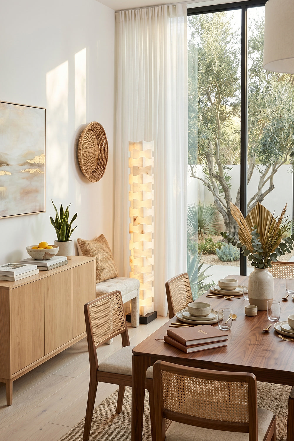 Ethereal Monolith Alabaster Floor Lamp | Feature lighting in spacious living and dining area | Located between sideboard and dining table set | Samu Lamp