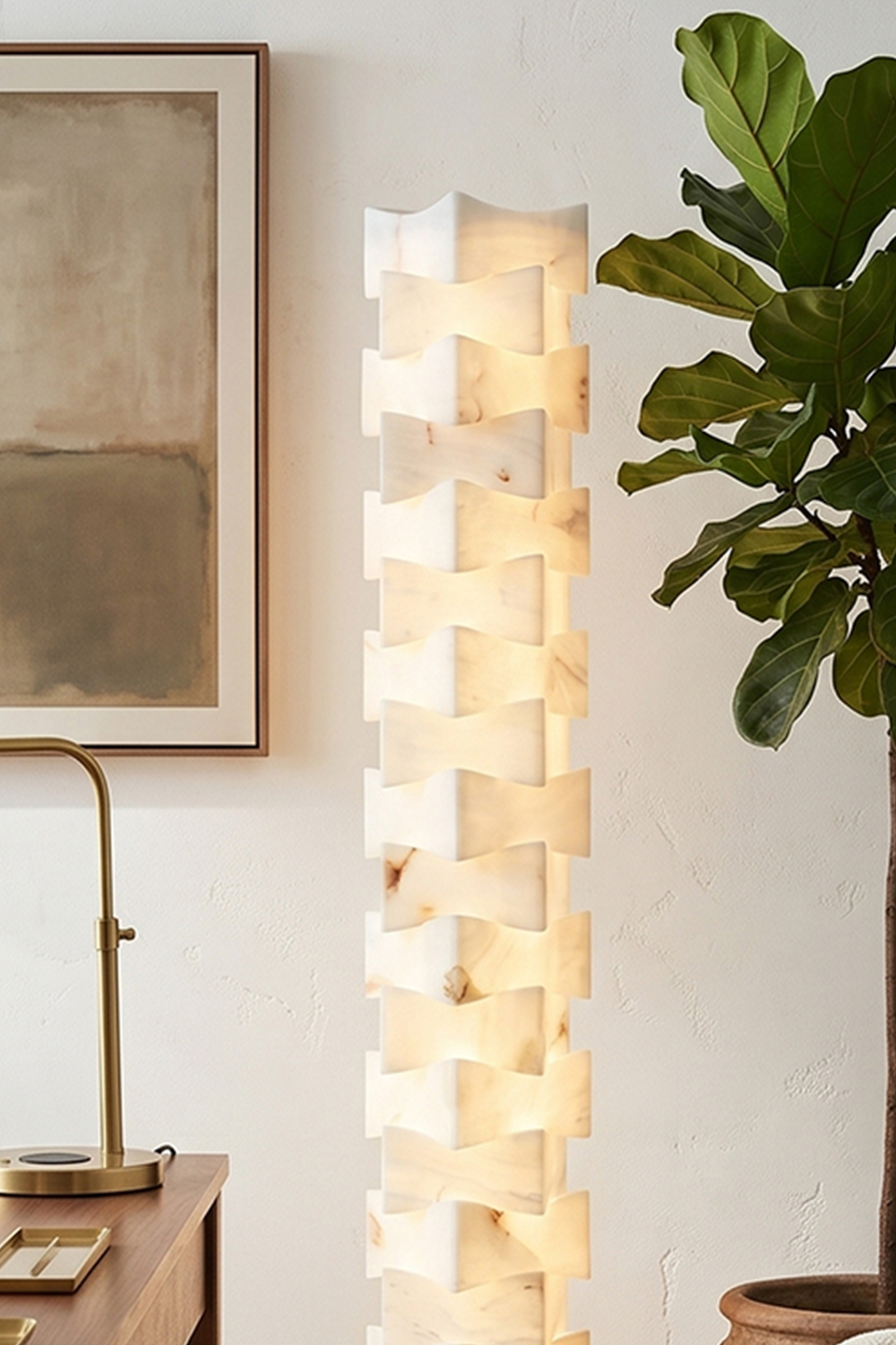 Ethereal Monolith lamp detail | Extreme close-up of stacked blocks | Intricate marble-like veining highlighted by warm internal light | Alabaster texture | Product detail | Samu Lamp
