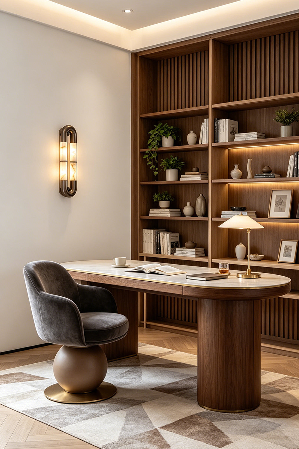 Evadne Alabaster Link Wall Sconce | Alabaster, Metal | Providing warm ambient wall lighting in a sophisticated home office next to an executive wood desk and built-in library shelves | Samu Lamp