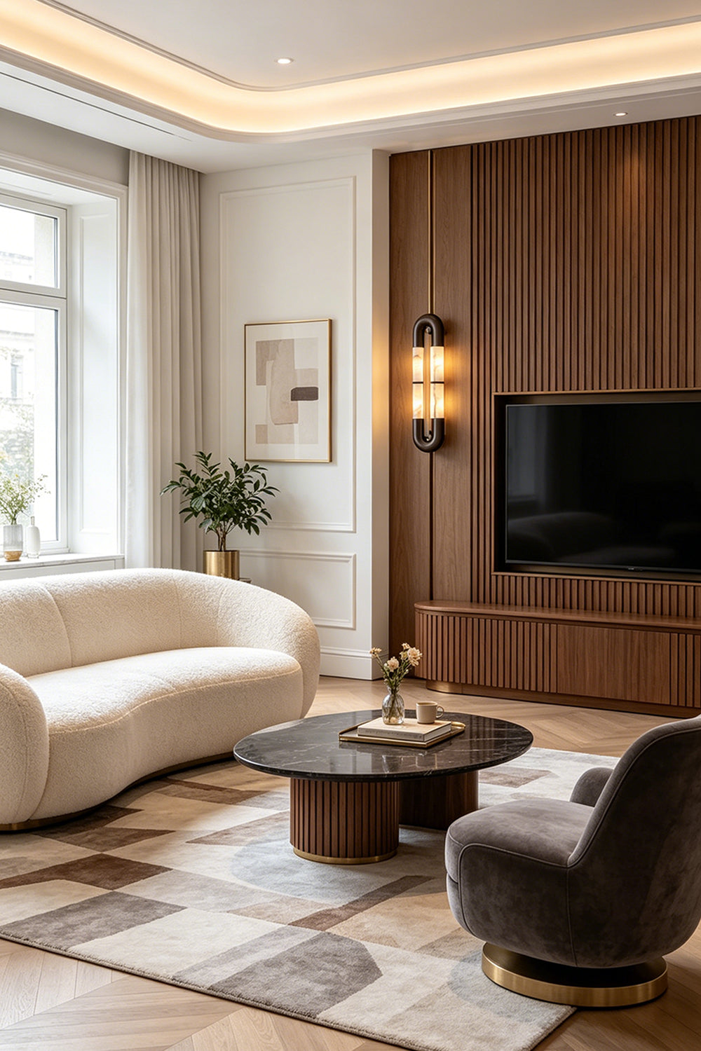 Evadne Alabaster Link Wall Sconce | Alabaster, Metal | Mounted on a rich wood slat accent wall in a modern living room next to a television screen and a cream curved sofa | Samu Lamp