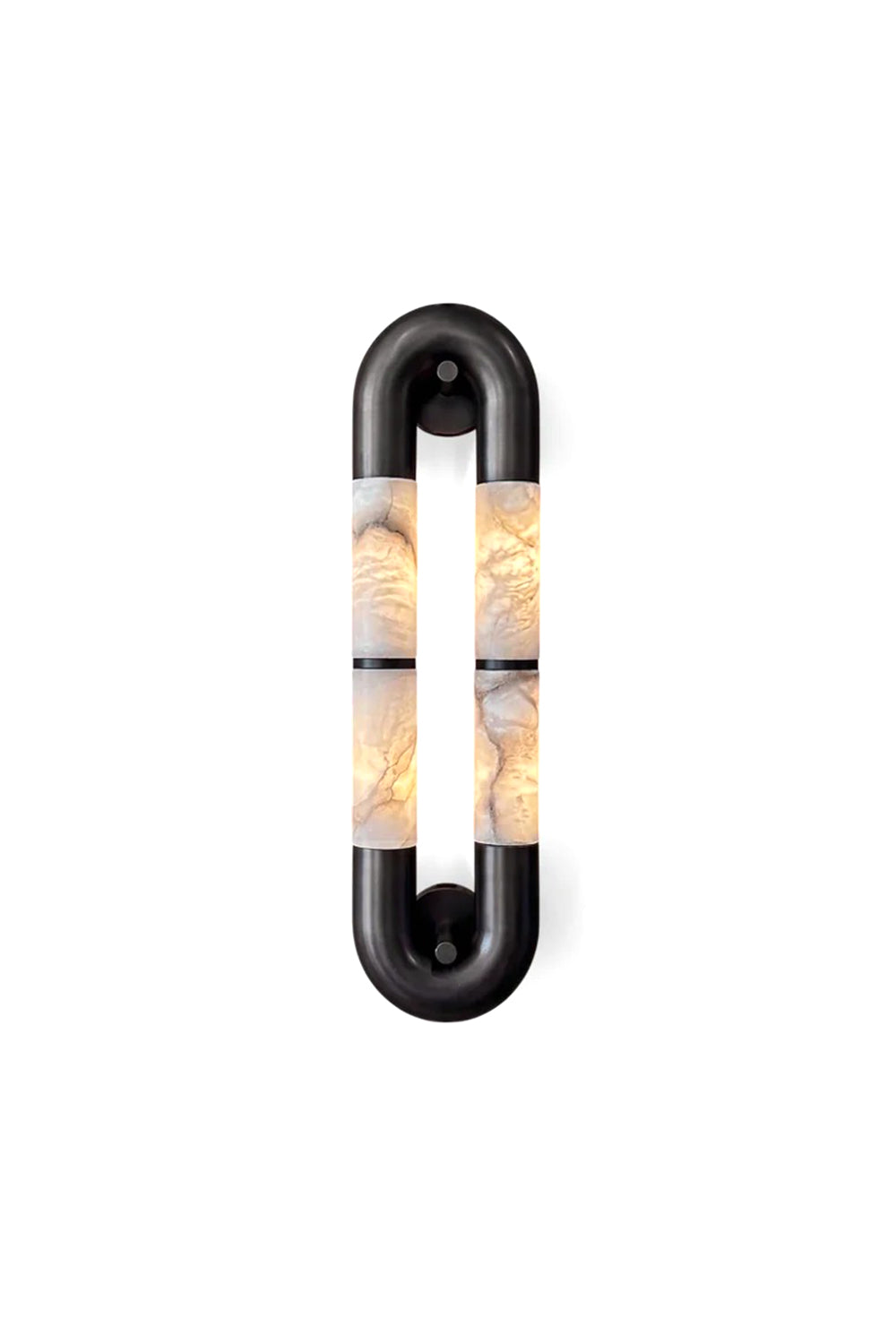 Evadne Alabaster Link Wall Sconce | Alabaster, Metal | Isolated lit view of a modern oval link wall sconce featuring a matte black metal frame enclosing two parallel vertical illuminated natural white alabaster stone columns | White background | Samu Lamp