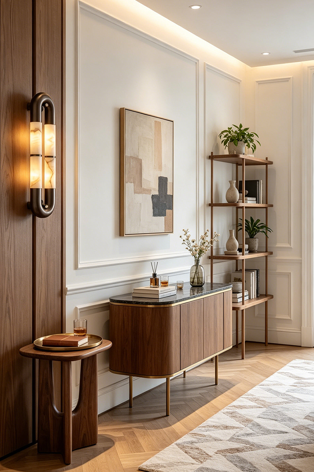 Evadne Alabaster Link Wall Sconce | Alabaster, Metal | Placed as a luxury wall accent light in a refined residential hallway next to a wooden credenza sideboard cabinet | Samu Lamp