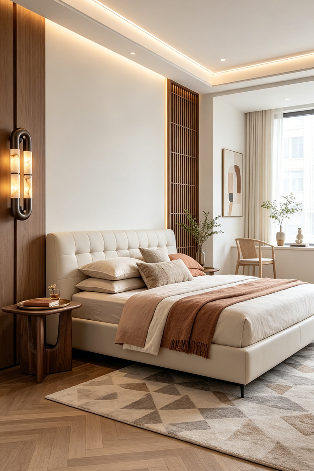 Evadne Alabaster Link Wall Sconce | Alabaster, Metal | Installed as a cozy bedside lamp on a wood vertical column next to a contemporary platform bed with warm toned bedding | Samu Lamp
