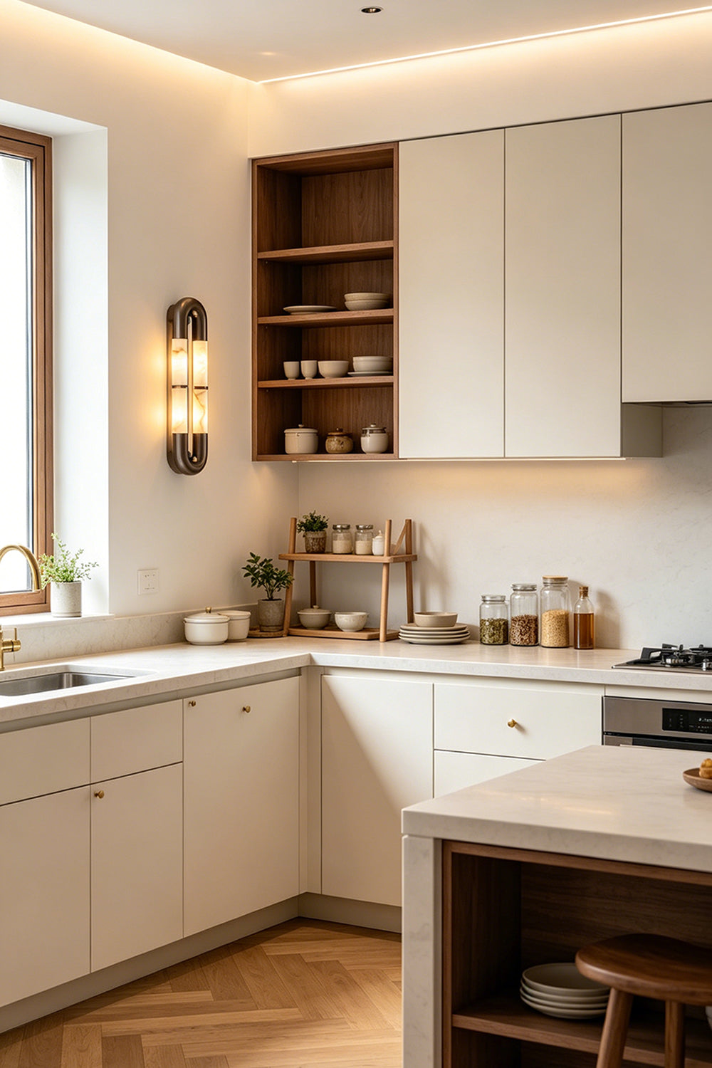 Evadne Alabaster Link Wall Sconce | Alabaster, Metal | Emitting a golden glow on a kitchen wall next to modern minimalist off-white cabinetry and wooden countertops | Samu Lamp