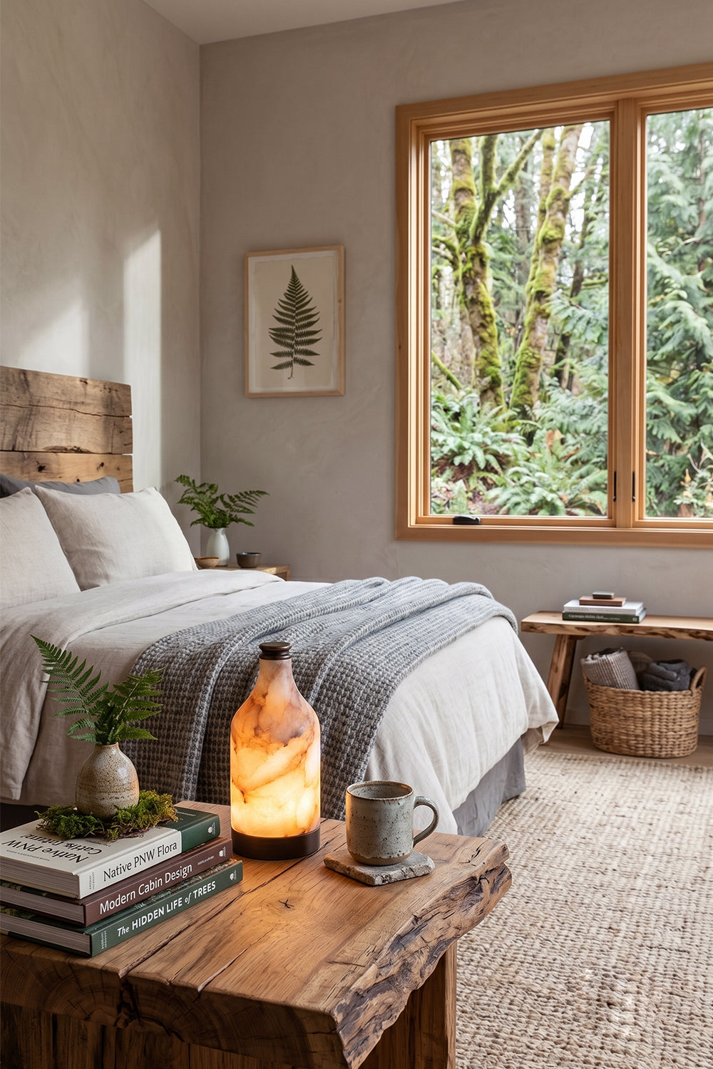 Evander Alabaster Bottle Table Lamp | Alabaster, Metal | Providing a warm ambient glow on a rustic wooden side table in a serene bedroom next to a bed with grey bedding layers | Samu Lamp