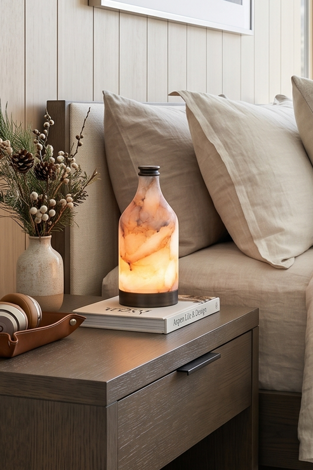 Evander Alabaster Bottle Table Lamp | Alabaster, Metal | Sitting on a dark grey wooden nightstand, casting a soft warm nightlight glow next to linen bedroom pillows | Samu Lamp