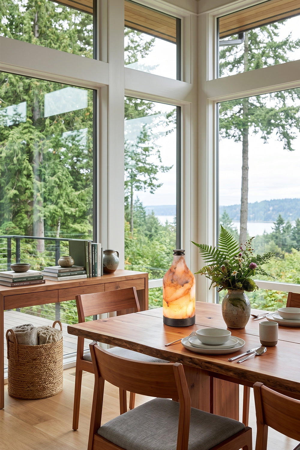 Evander Alabaster Bottle Table Lamp | Alabaster, Metal | Serving as an artistic stone centerpiece on a long wooden dining table in an open-concept dining space with panoramic nature views | Samu Lamp