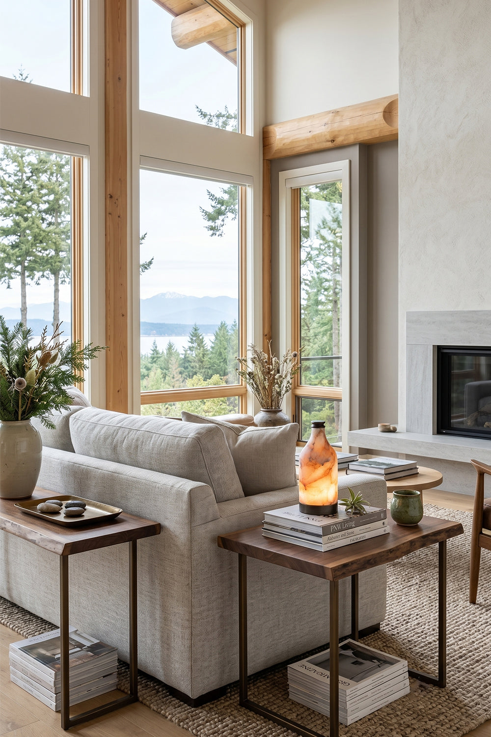 Evander Alabaster Bottle Table Lamp | Alabaster, Metal | Positioned on a wooden end table behind a cream sectional sofa in a modern mountain lodge living room with expansive views | Samu Lamp