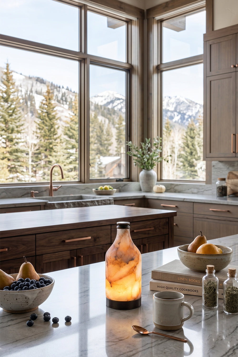 Evander Alabaster Bottle Table Lamp | Alabaster, Metal | Lit product styled on a white marble kitchen island counter in a luxurious lodge home near windows overlooking snowy mountains | Samu Lamp