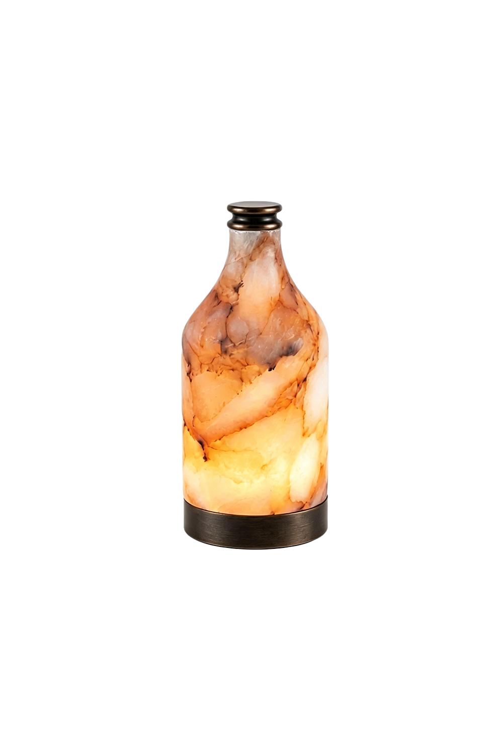 Evander Alabaster Bottle Table Lamp | Alabaster, Metal | Fully illuminated bottle-shaped natural alabaster table lamp featuring rich fiery orange and grey stone veining on a dark circular base | Isolated product shot on white background | Samu Lamp