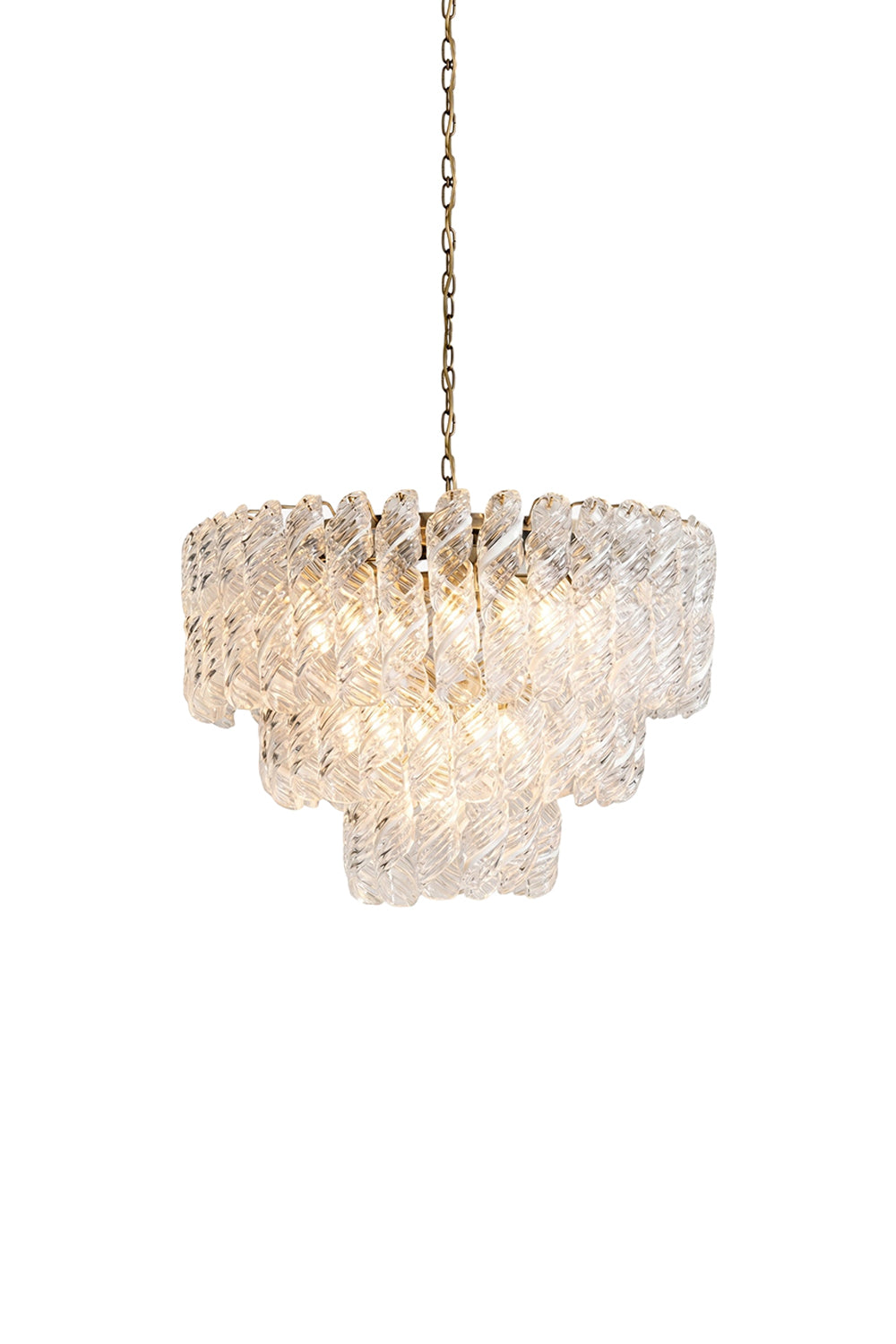 Evangeline Tiered Twisted Glass Chandelier | Twisted Glass, Metal | Isolated lit view of a luxury multi-tiered round chandelier featuring rows of cascading clear twisted glass rods hanging symmetrically | White background | Samu Lamp