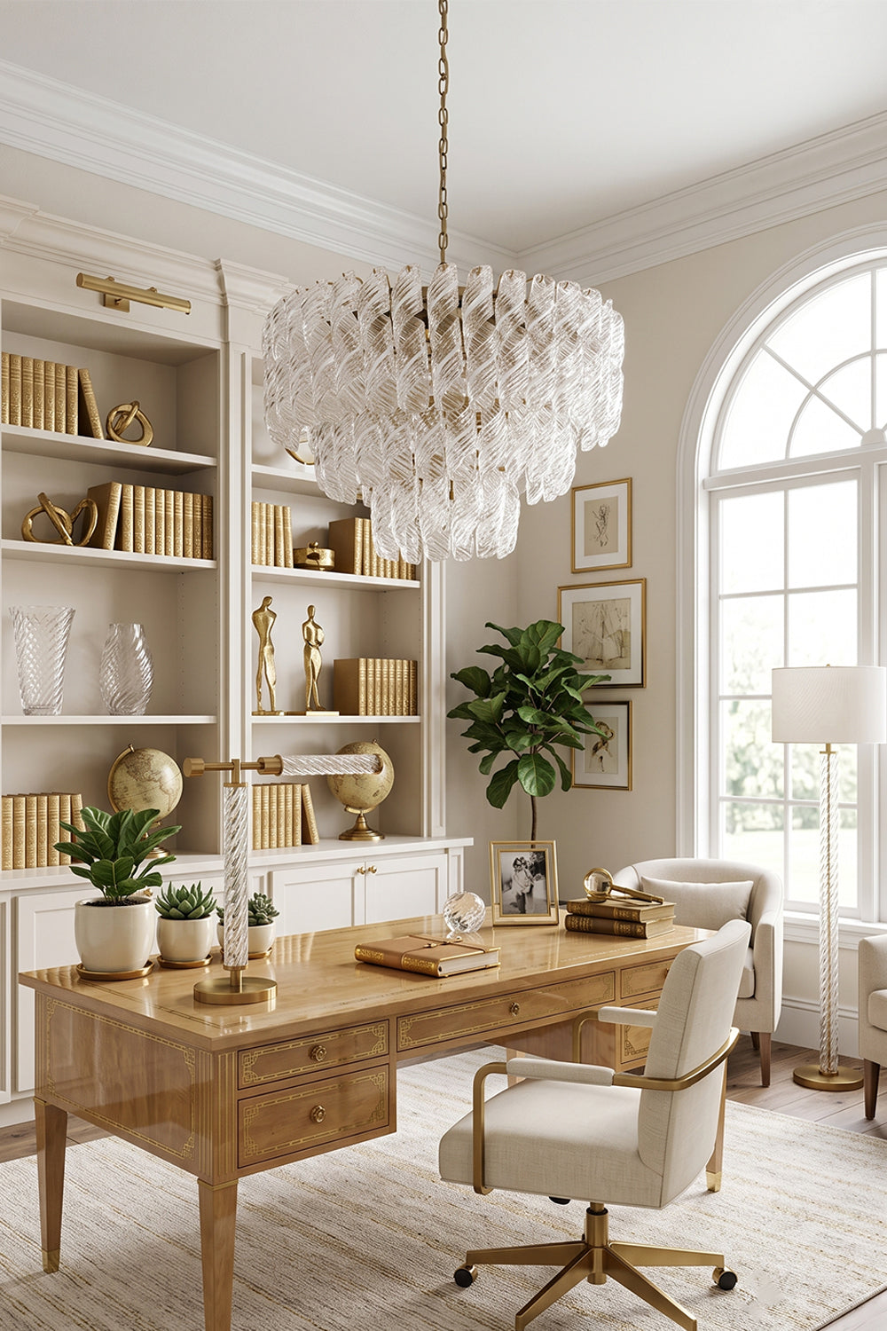 Evangeline Tiered Twisted Glass Chandelier | Study Room Light | Staged beautifully as a luxury ceiling light fixture in an upscale workspace above a wooden table and leather executive chair | Samu Lamp
