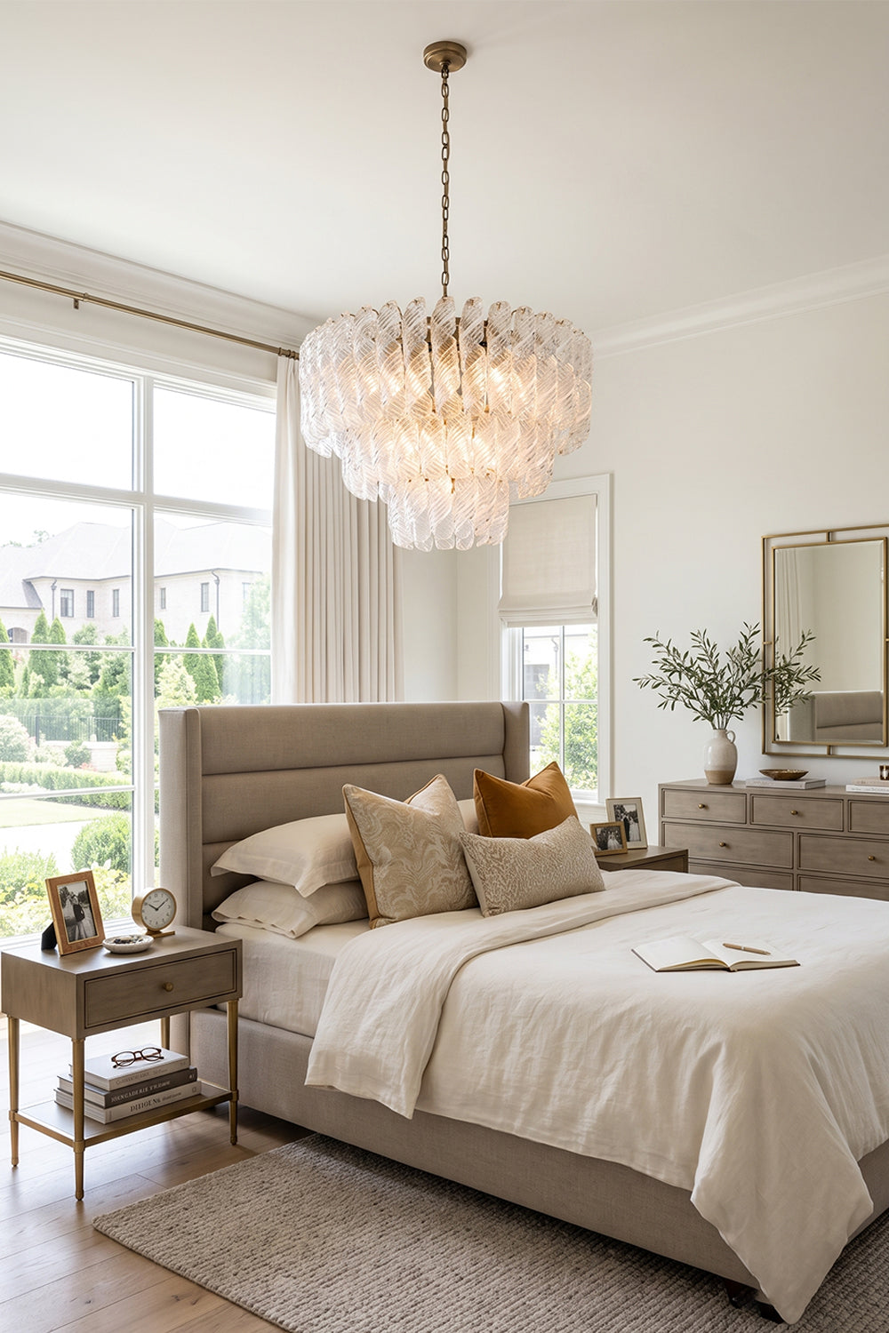 Evangeline Tiered Twisted Glass Chandelier | Luxury Bedroom Light | Positioned gracefully above a contemporary platform bed with neutral linens in a high-ceilinged elegant bedroom | Samu Lamp