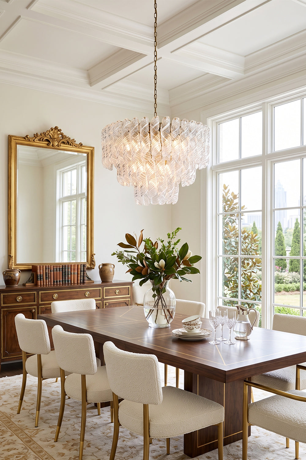 Evangeline Tiered Twisted Glass Chandelier | Dining Room Light | Hanging elegantly as a centerpiece over a long wooden dining table and white upholstered chairs in a classical bright dining space | Samu Lamp