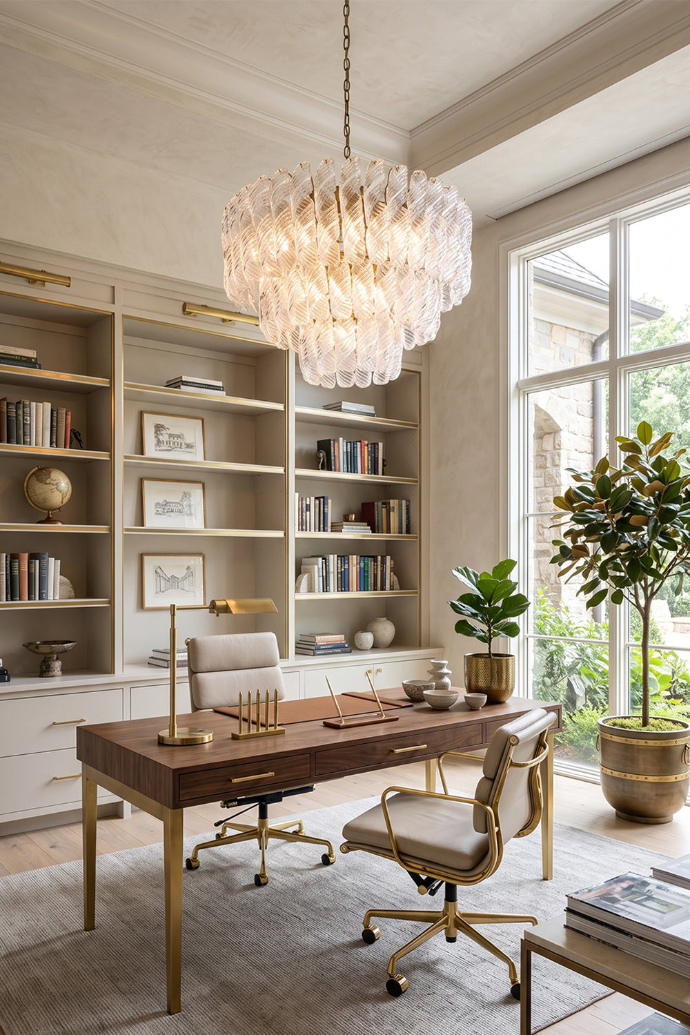 Evangeline Tiered Twisted Glass Chandelier | Home Office Lighting | Providing warm ambient illumination above a traditional wooden desk in a refined home study with floor-to-ceiling bookshelves | Samu Lamp