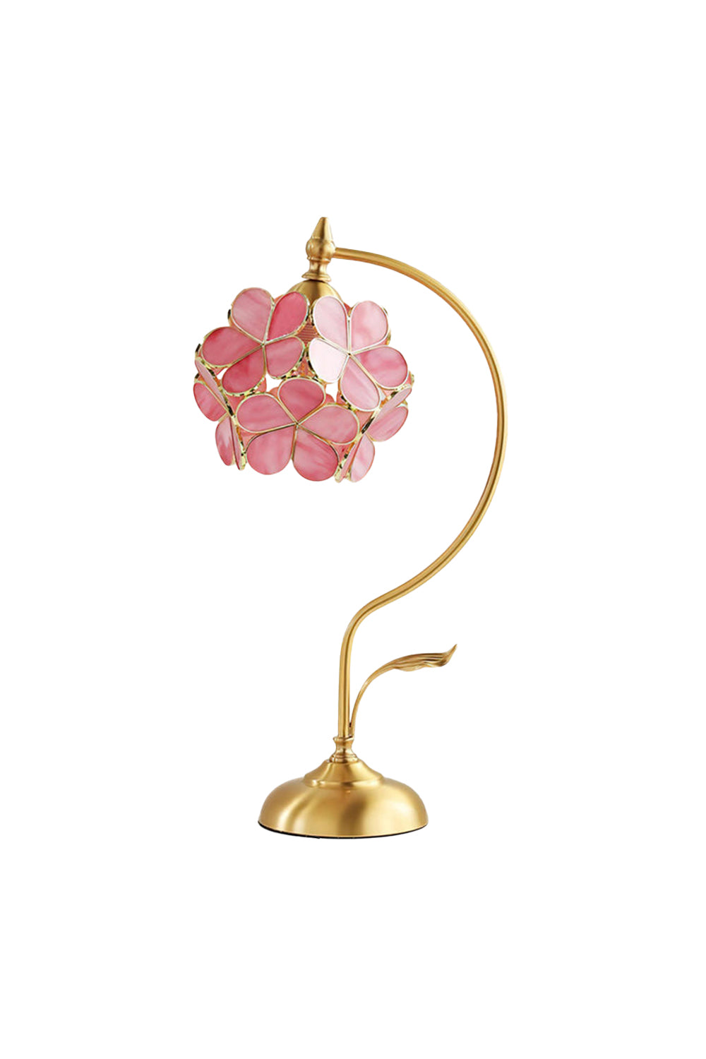 Evanthe Blossom Stained Glass Table Lamp | Stained Glass, Metal | Whimsical vintage flower-shaped table lamp featuring a pink glass petal shade suspended from a curved gold brass stem with a delicate leaf accent | Isolated lit product shot on white background | Samu Lamp