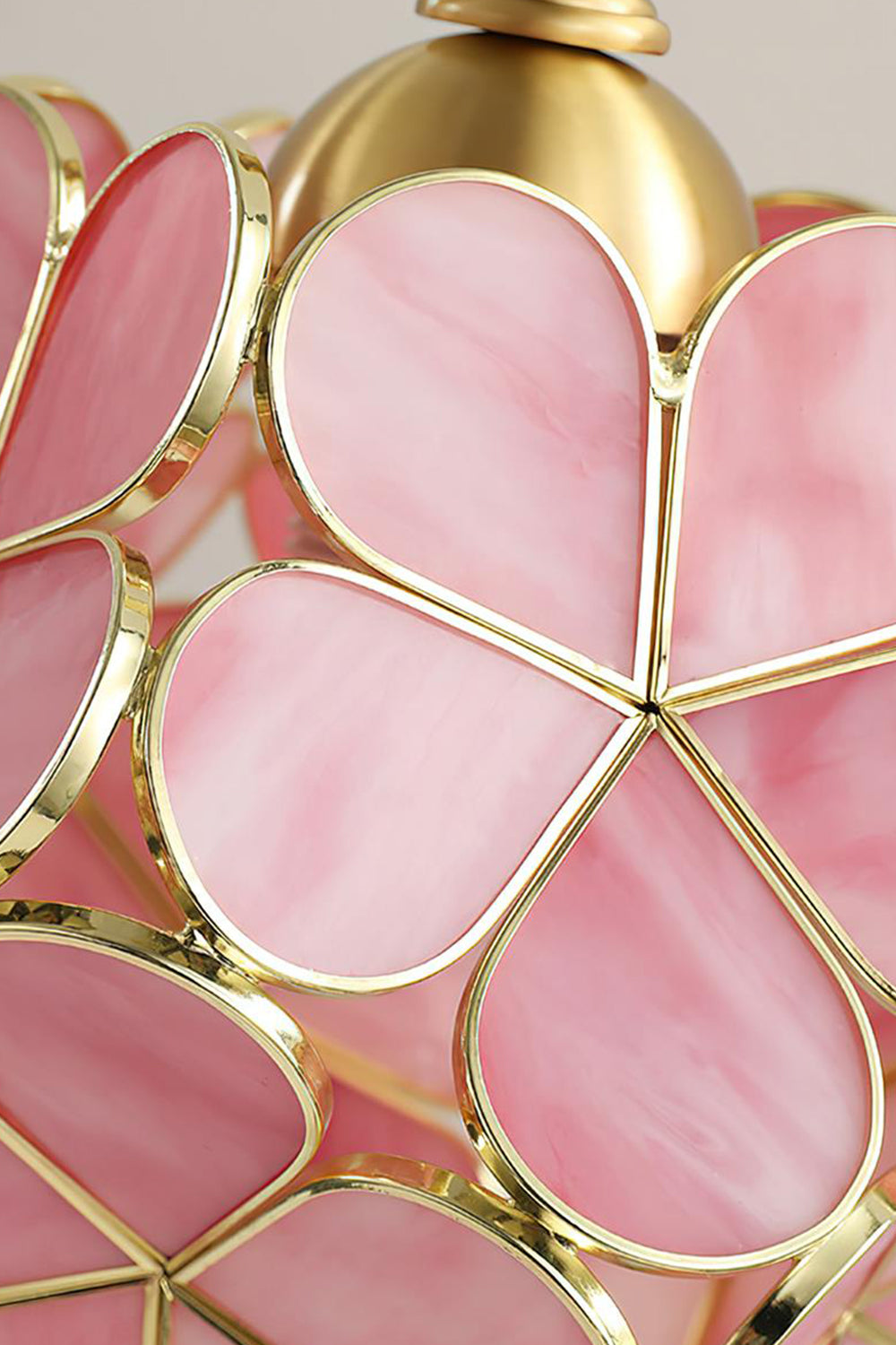 Evanthe Blossom Stained Glass Table Lamp | Stained Glass, Metal | Macro close-up view highlighting the detailed gold metal wire welding around the individual smooth pink glass flower petals | Detail shot | Samu Lamp