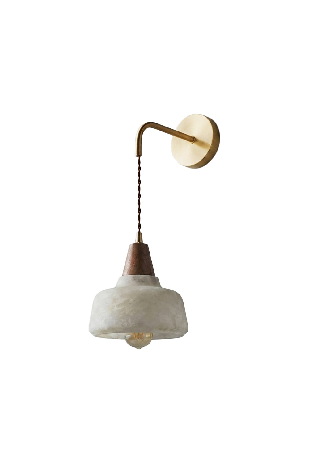 Everett Alabaster Hook-Arm Wall Sconce featuring brass arm and alabaster shade hanging from a wall.