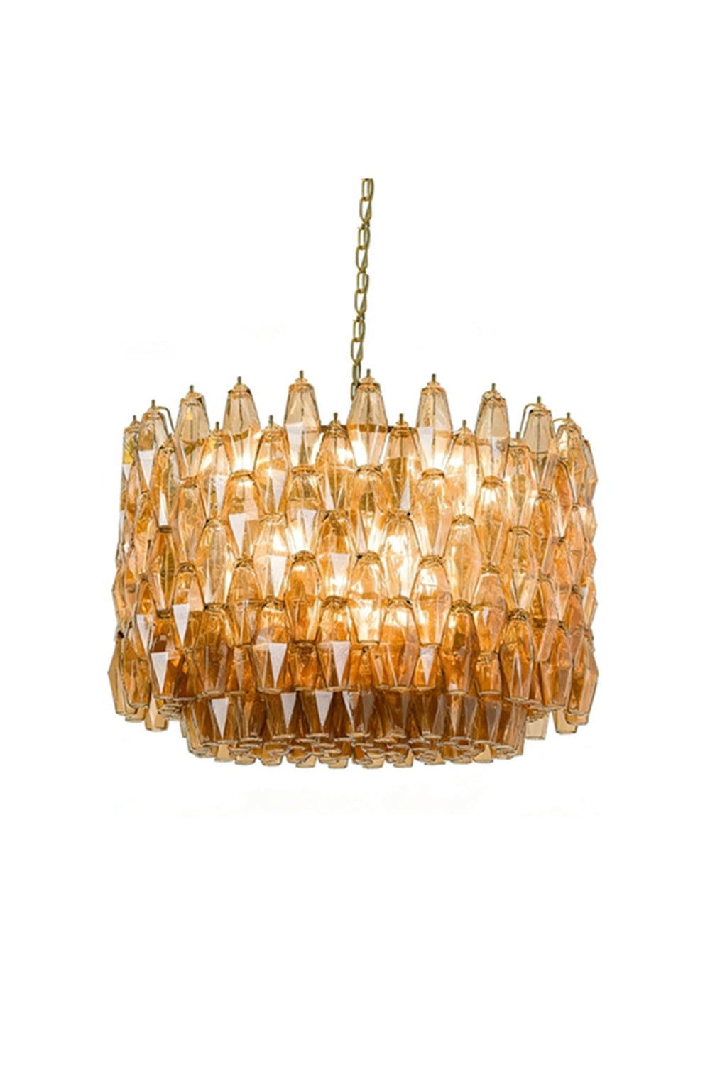 Faceted amber glass drum chandelier with brass chain | Metal, Glass | Lit front view isolated on white background | Samu Lamp