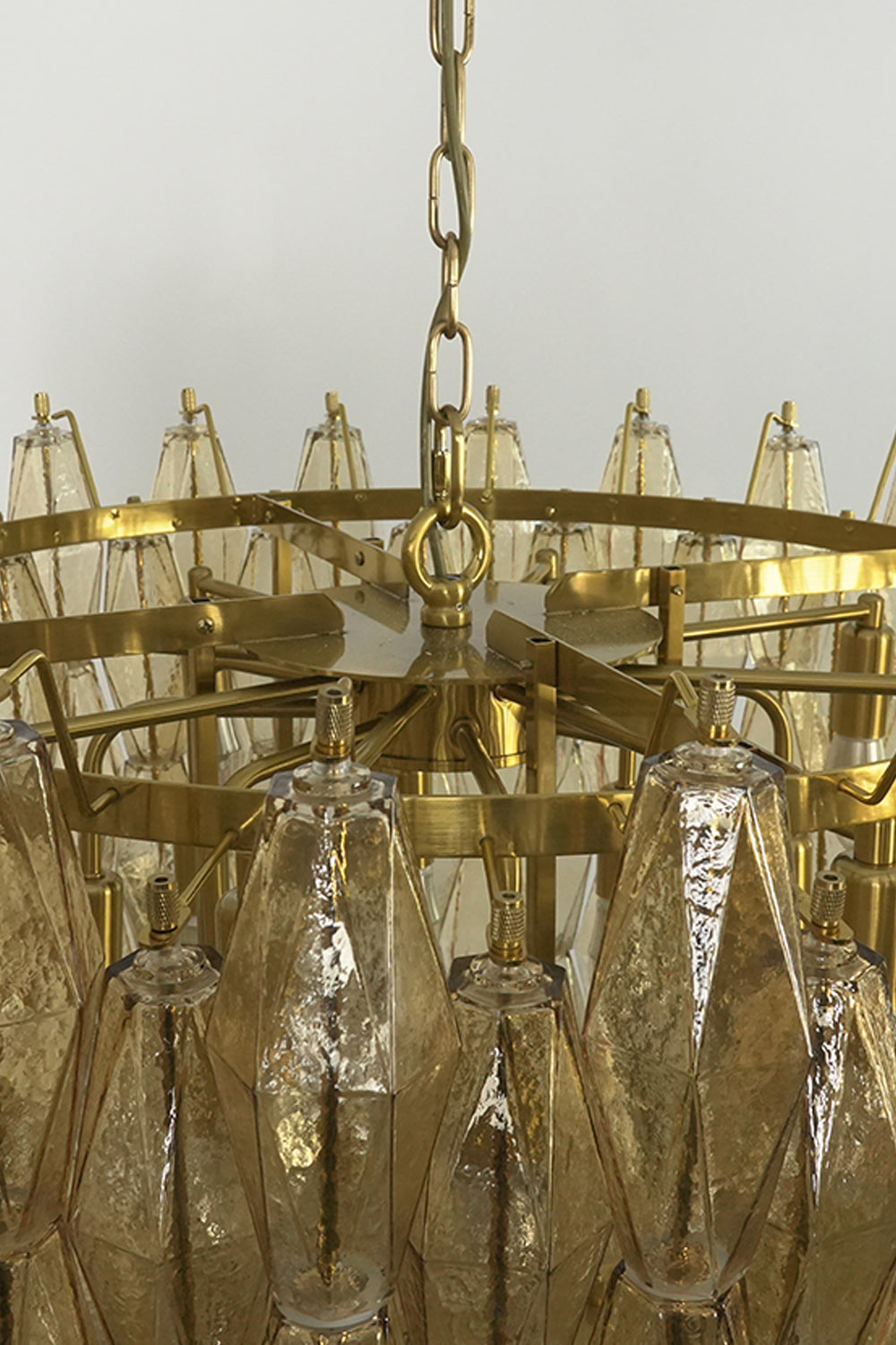Internal frame of the amber drum Sorrento chandelier | Metal, Glass | View of the circular tiered structure and sockets | Samu Lamp