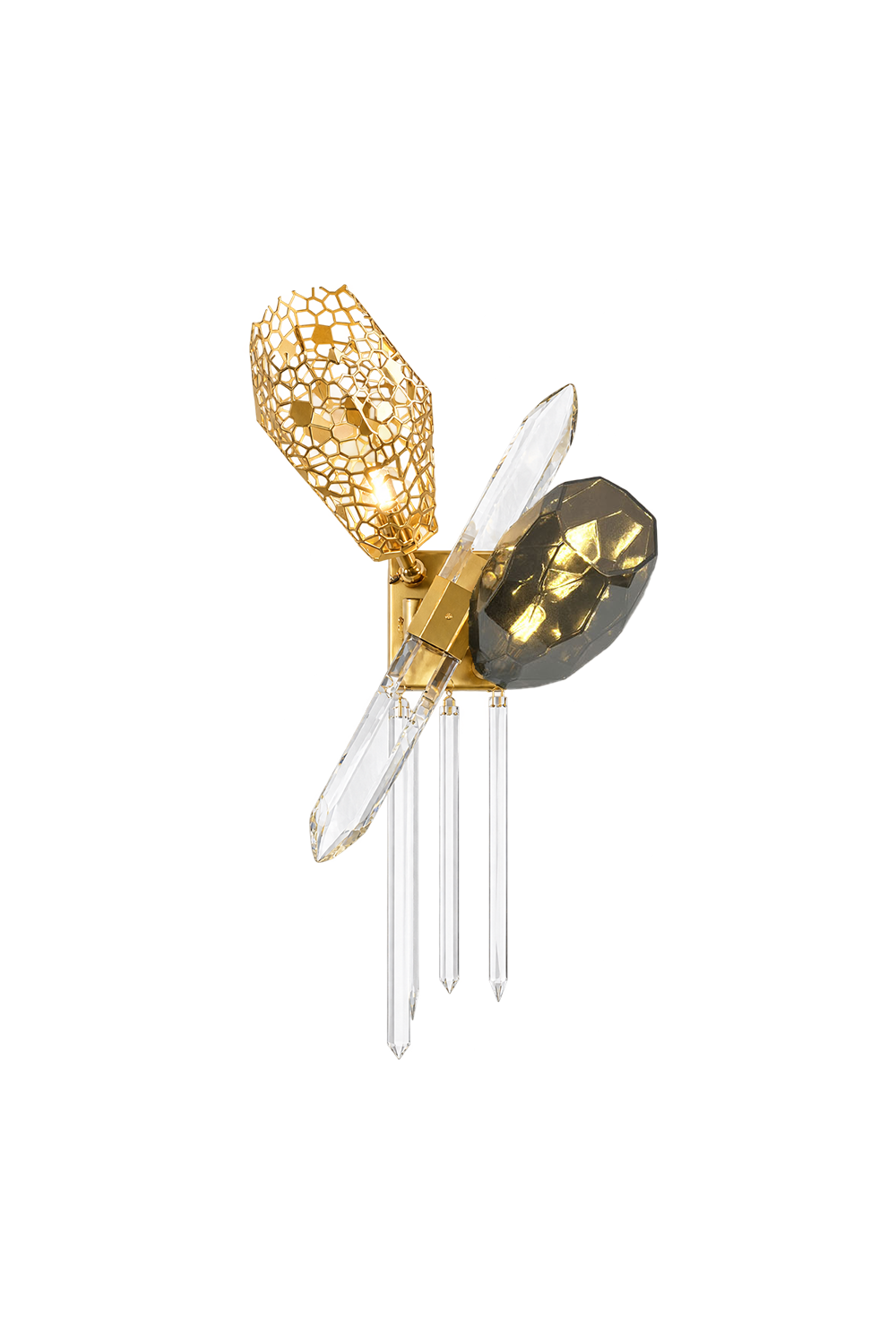 Faucenne Pierced Shade Crystal Spear Wall Lamp | Cut Crystal and Brass | Front side view on a pure white background | Samu Lamp