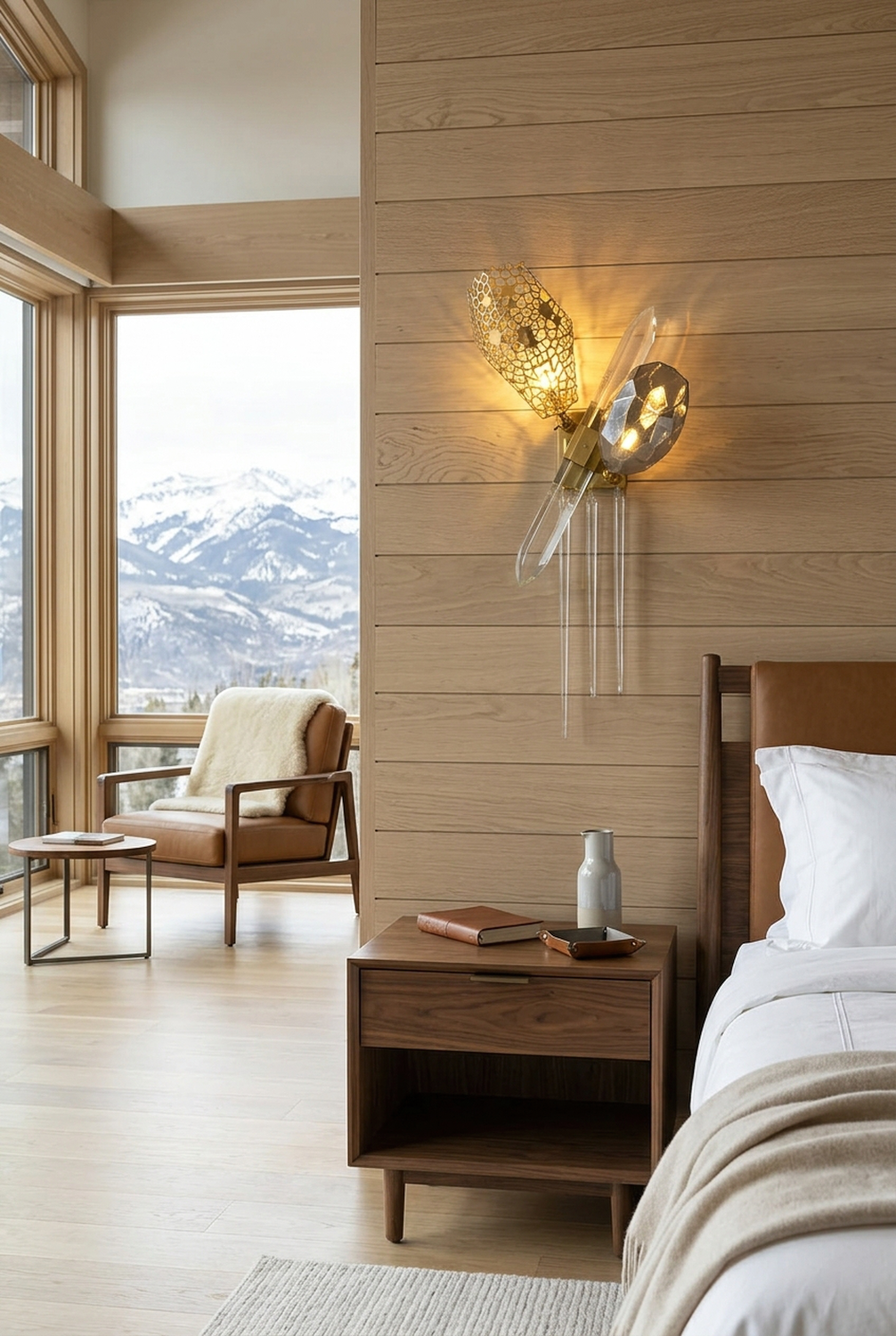 Faucenne Pierced Shade Crystal Spear Wall Lamp | Cut Crystal and Brass | Placed beside a nightstand and bed in a mountain view bedroom | Samu Lamp