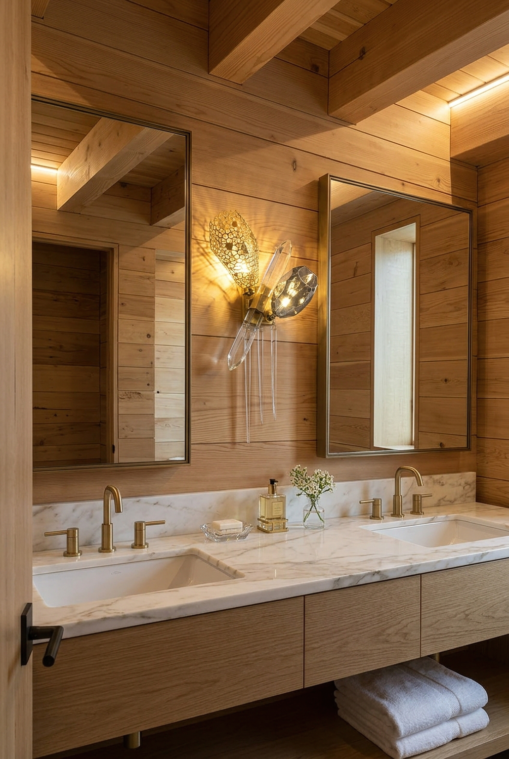 Faucenne Pierced Shade Crystal Spear Wall Lamp | Cut Crystal and Brass | Lighting a luxury bathroom vanity area with double mirrors | Samu Lamp