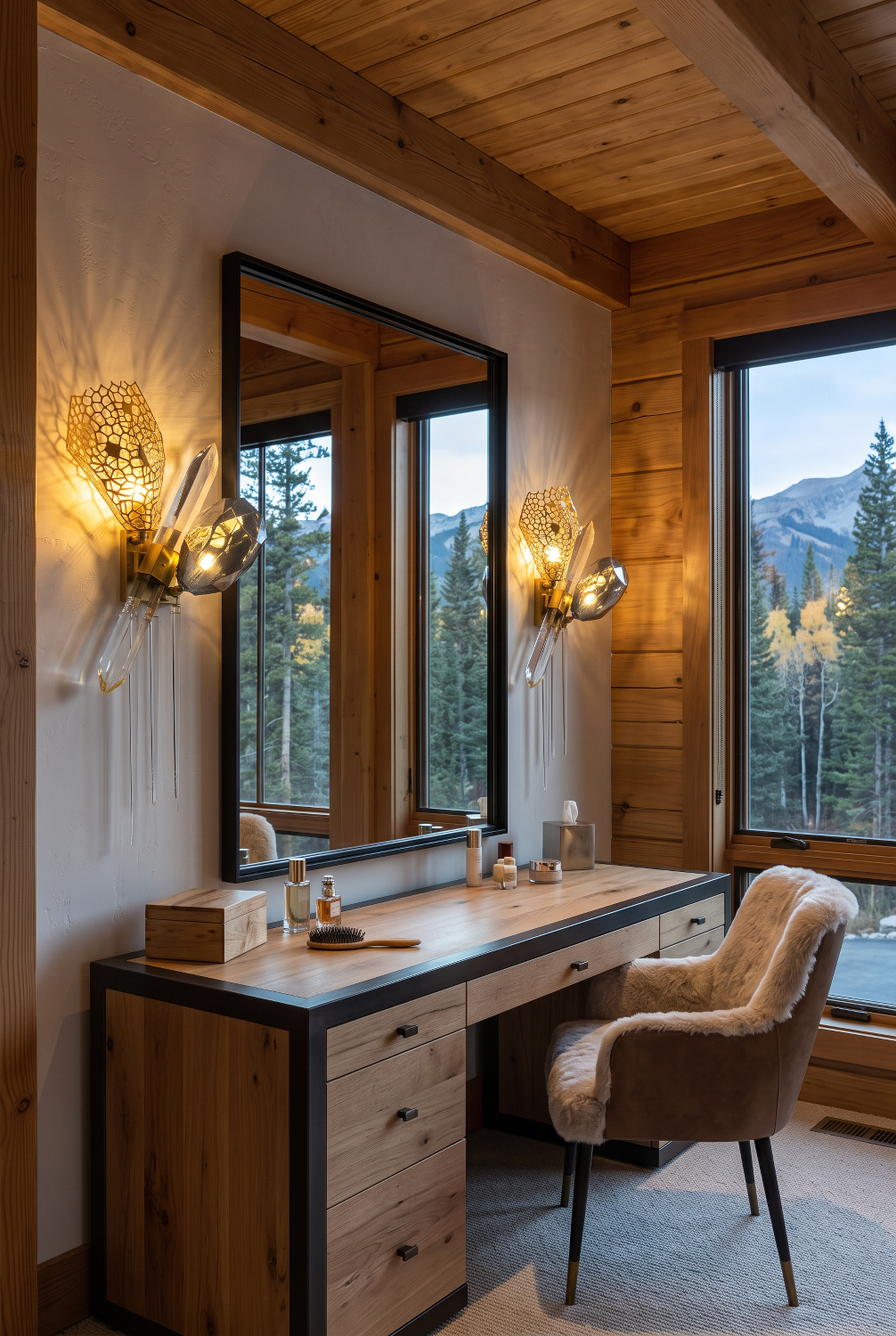 Faucenne Pierced Shade Crystal Spear Wall Lamp | Cut Crystal and Brass | Styled beside a dressing vanity mirror on a timber wall | Samu Lamp