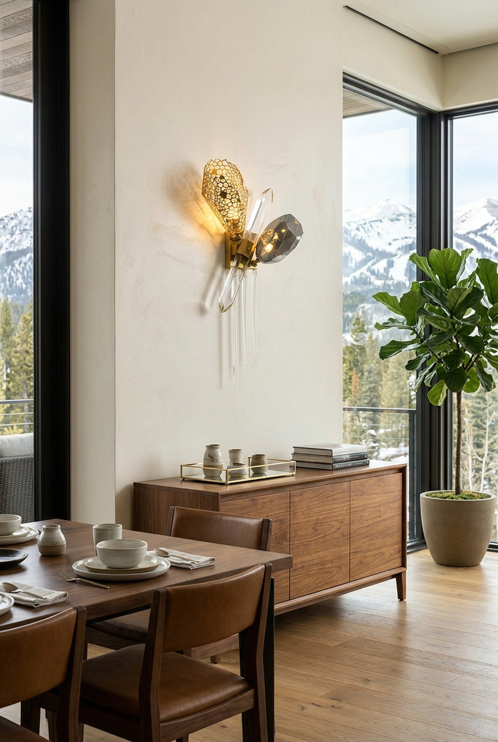 Faucenne Pierced Shade Crystal Spear Wall Lamp | Cut Crystal and Brass | Positioned near a wooden console table with scenic mountain views | Samu Lamp