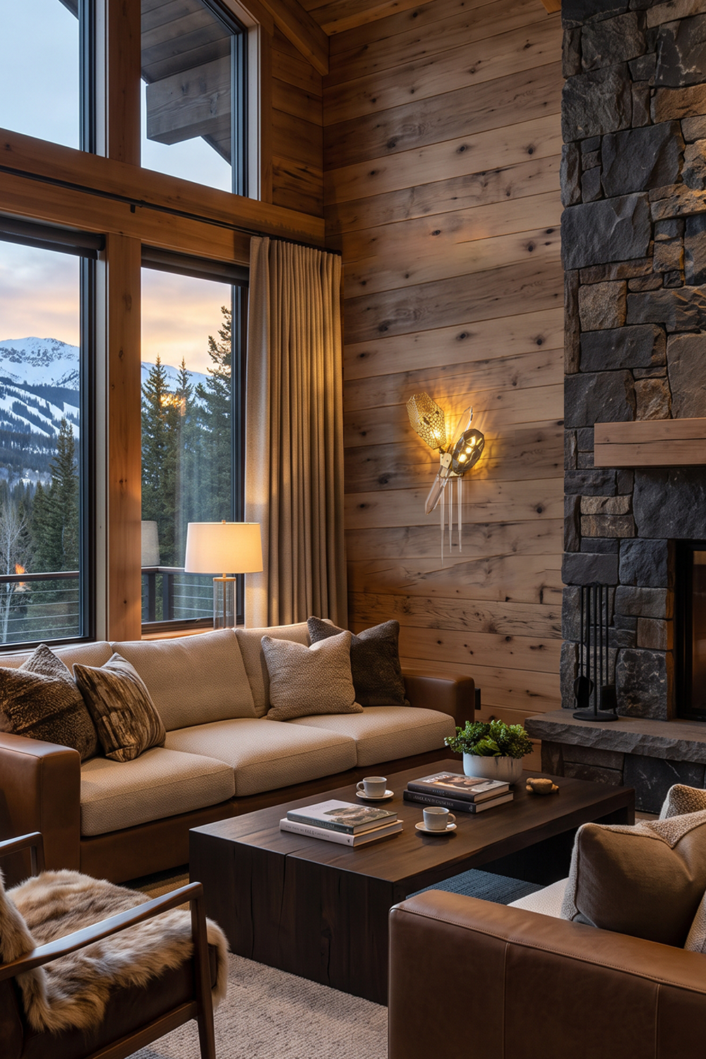 Faucenne Pierced Shade Crystal Spear Wall Lamp | Cut Crystal and Brass | Positioned near a wooden console table with scenic mountain views | Samu Lamp