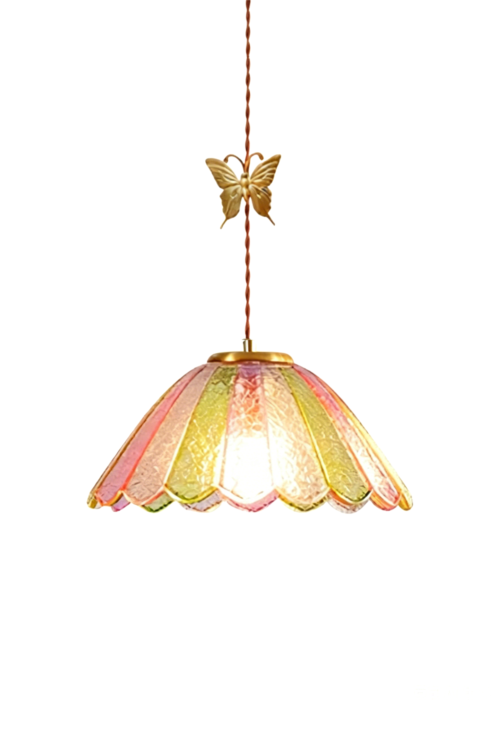 Faye Pastel Scalloped Glass Pendant Lamp | Glass, Metal | Vintage-style scalloped pastel textured glass pendant light with a sculpted golden brass butterfly ornament on a twisted cord | Isolated lit product shot on white background | Samu Lamp