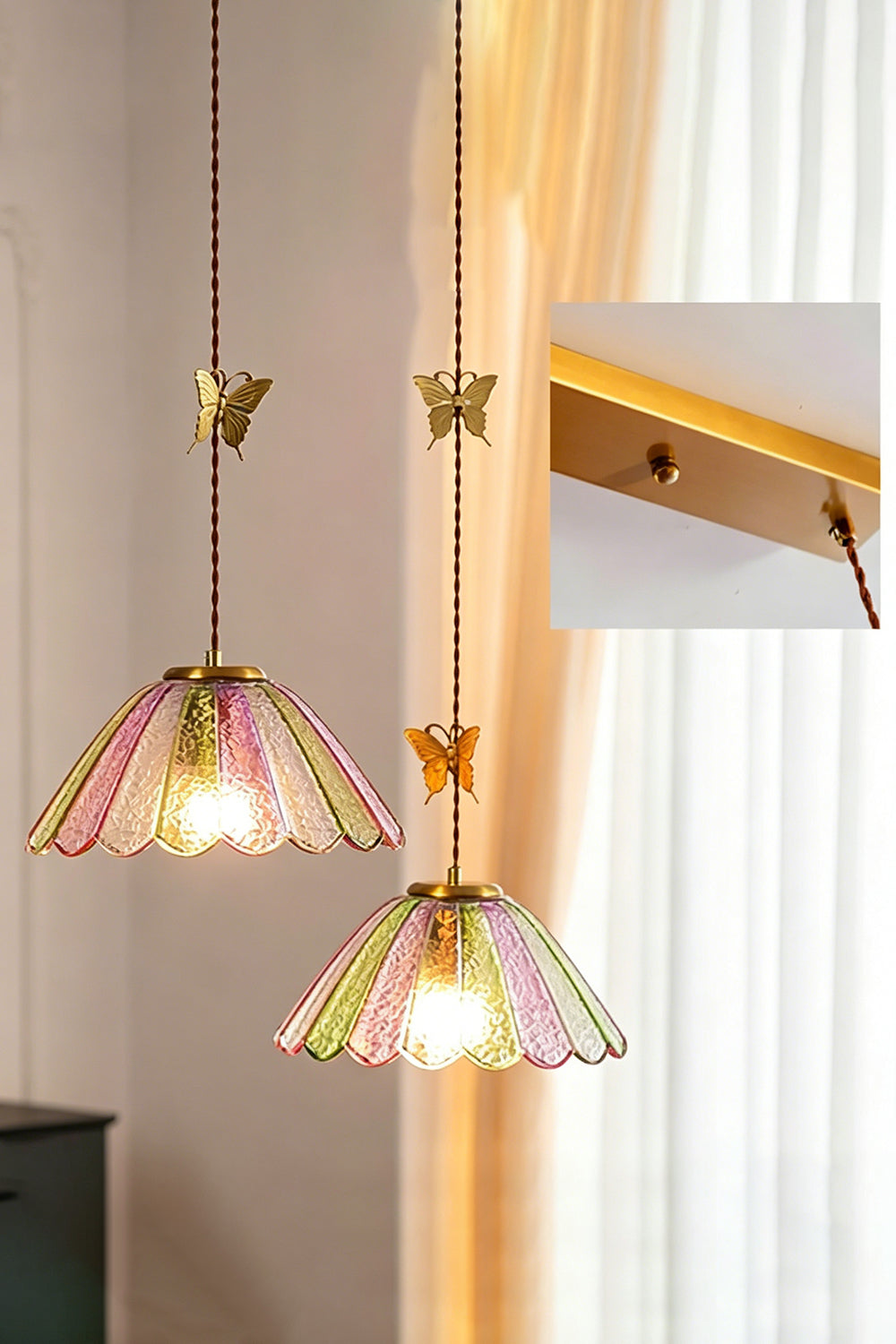 Faye Pastel Scalloped Glass Pendant Lamp | Glass, Metal | A pair of lit pastel glass pendants providing romantic accent illumination near a sunlit window | Samu Lamp