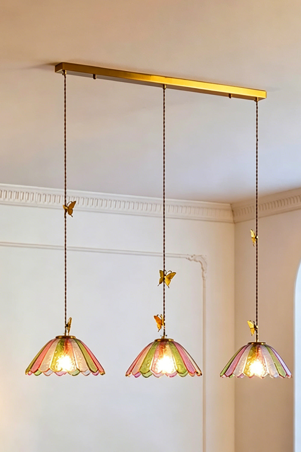 Faye Pastel Scalloped Glass Pendant Lamp | Glass, Metal | Full view of the 3-light linear variant suspended from a rectangular polished brass ceiling canopy plate | Samu Lamp