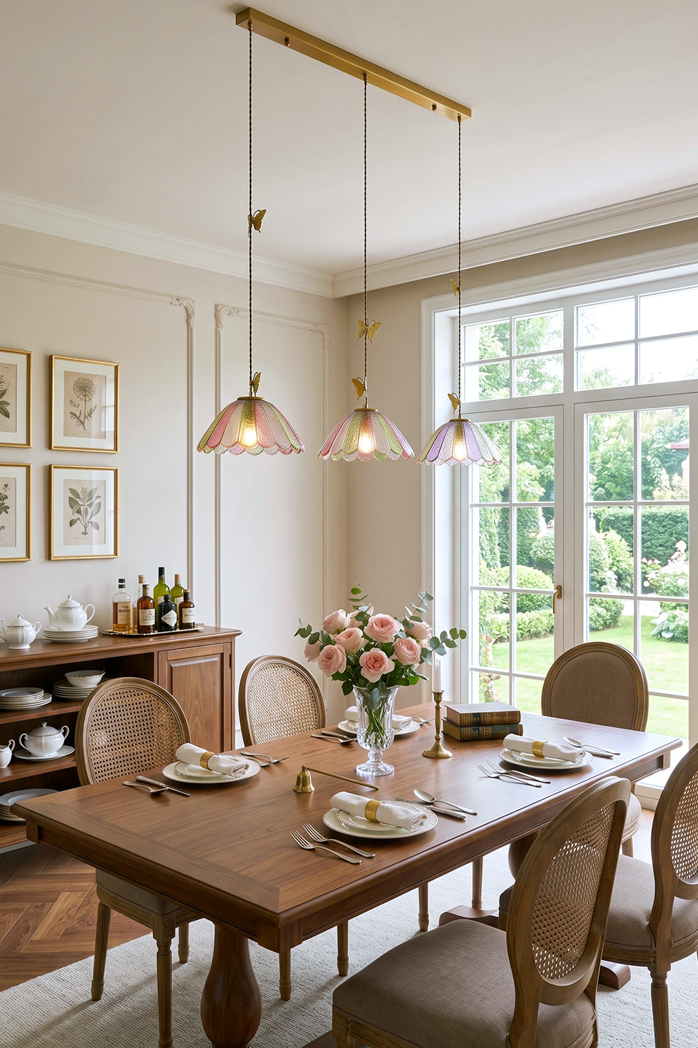Faye Pastel Scalloped Glass Pendant Lamp | Glass, Metal | Alternate view of the 3-light linear pendant arrangement over a classic dining setup facing bright arched doors | Samu Lamp