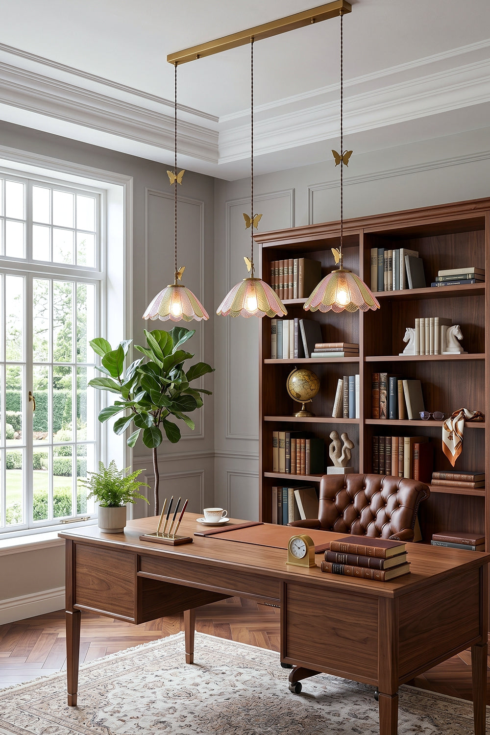 Faye Pastel Scalloped Glass Pendant Lamp | Glass, Metal | Linear multi-light variant providing warm task lighting in a classic home office library over a wooden desk | Samu Lamp