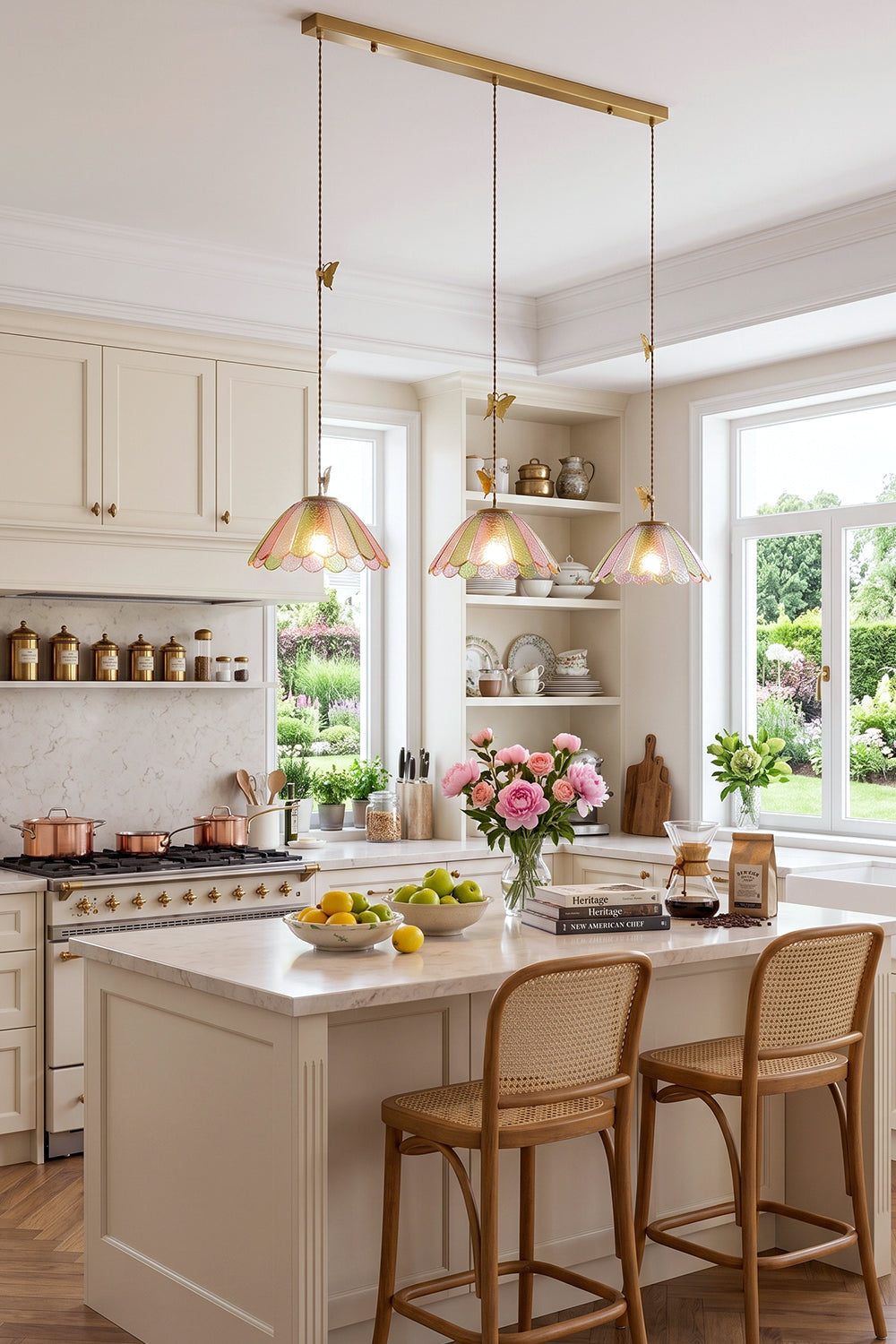 Faye Pastel Scalloped Glass Pendant Lamp | Glass, Metal | Linear 3-light pendant fixture casting a warm ambient glow over a white marble kitchen island with stools | Samu Lamp