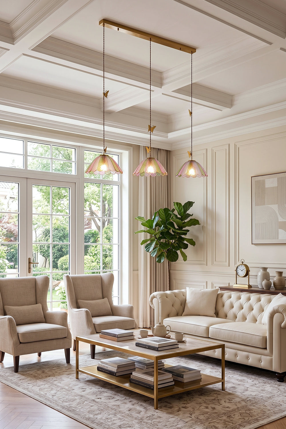 Faye Pastel Scalloped Glass Pendant Lamp | Glass, Metal | 3-light linear canopy variant installed over a wooden coffee table in a luxurious traditional living room | Samu Lamp