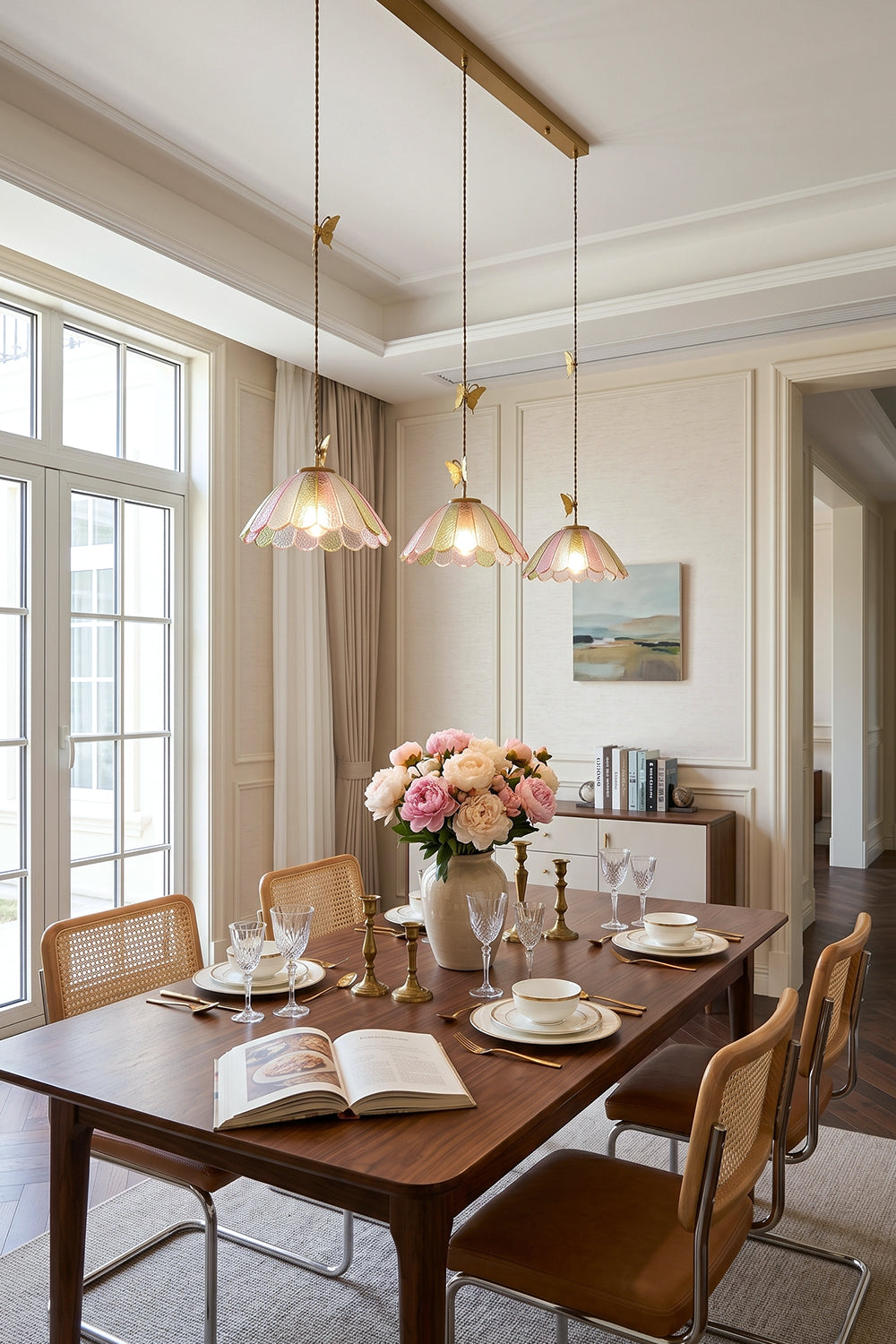 Faye Pastel Scalloped Glass Pendant Lamp | Glass, Metal | Multi-light linear pendant suspended above a dark wood dining table with elegant chairs and floral decor | Samu Lamp