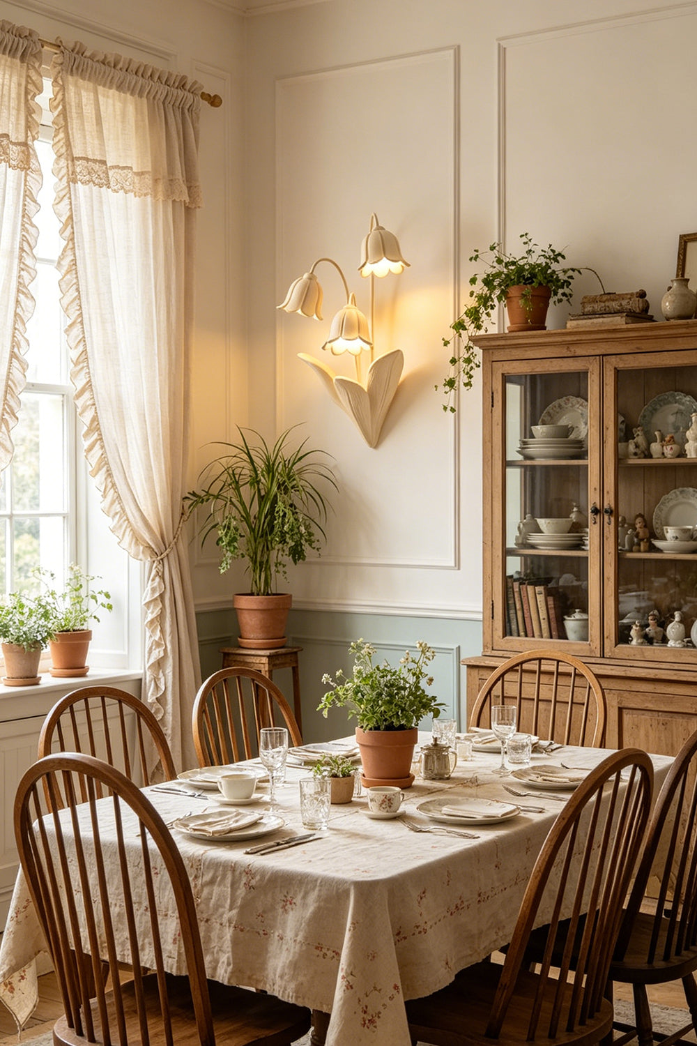 Flora Muse wall sconce over a wooden dining set | Metal, Resin | Samu Lamp