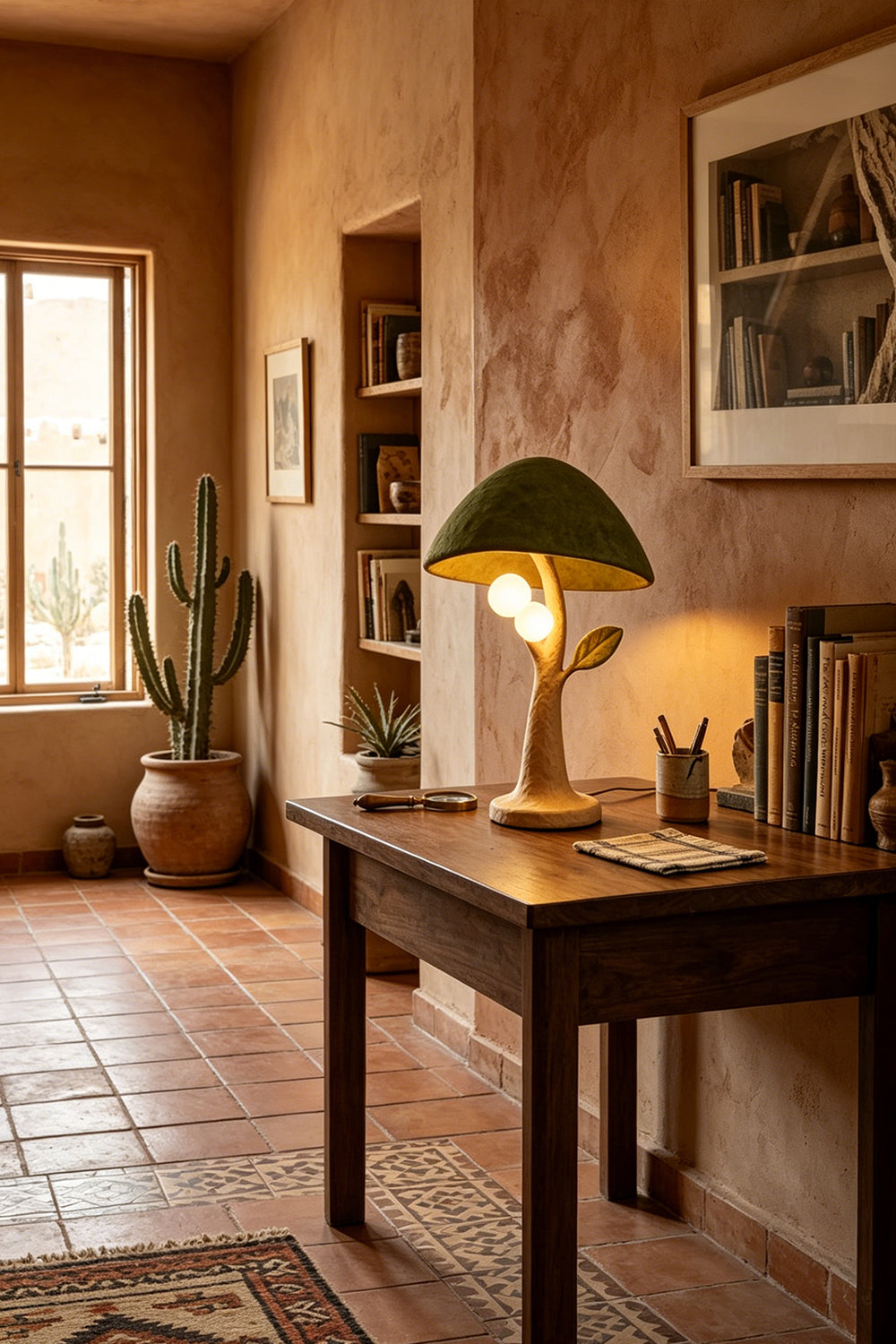 Forest Mushroom lamp desk view | Metal, Resin | Lit lamp on workspace table | Samu Lamp