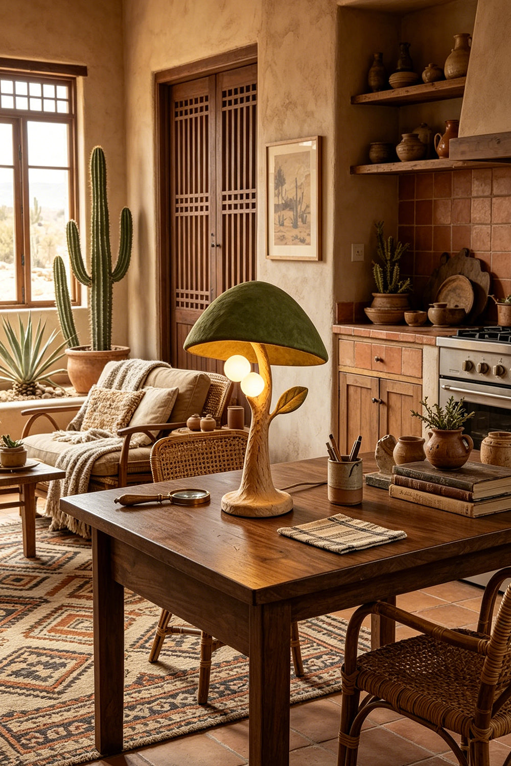 Forest Mushroom lamp dining scene | Metal, Resin | Rustic table in Southwestern open-plan area | Samu Lamp