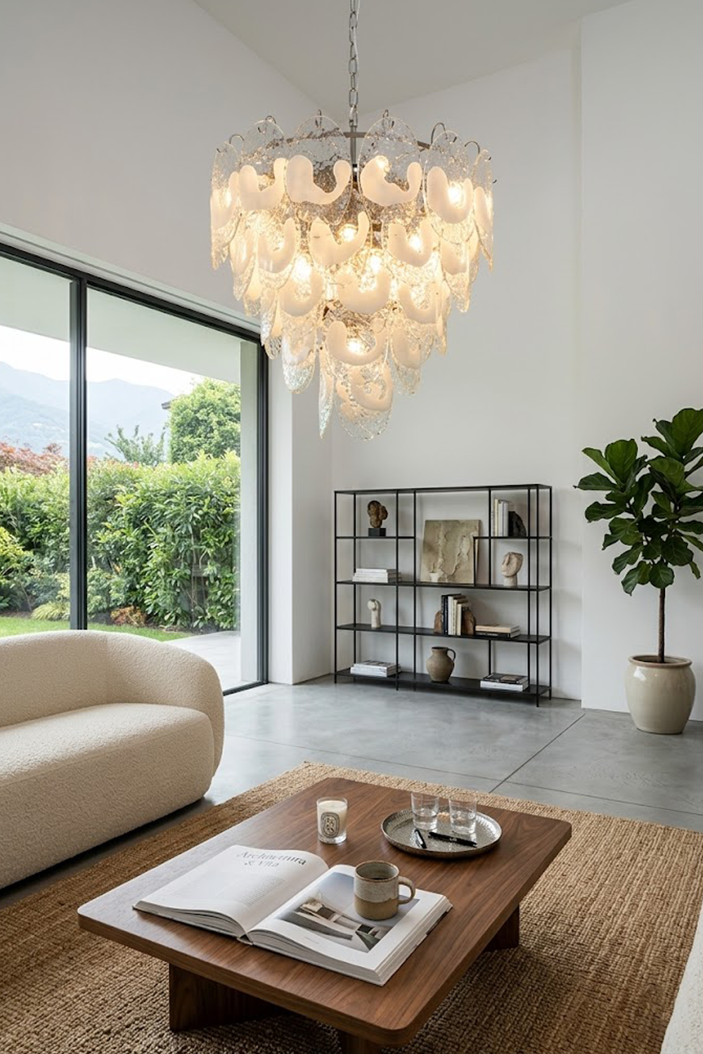 Modern glass leaf chandelier in a spacious living room | Metal, Glass | Bright interior with large sliding glass doors | Samu Lamp