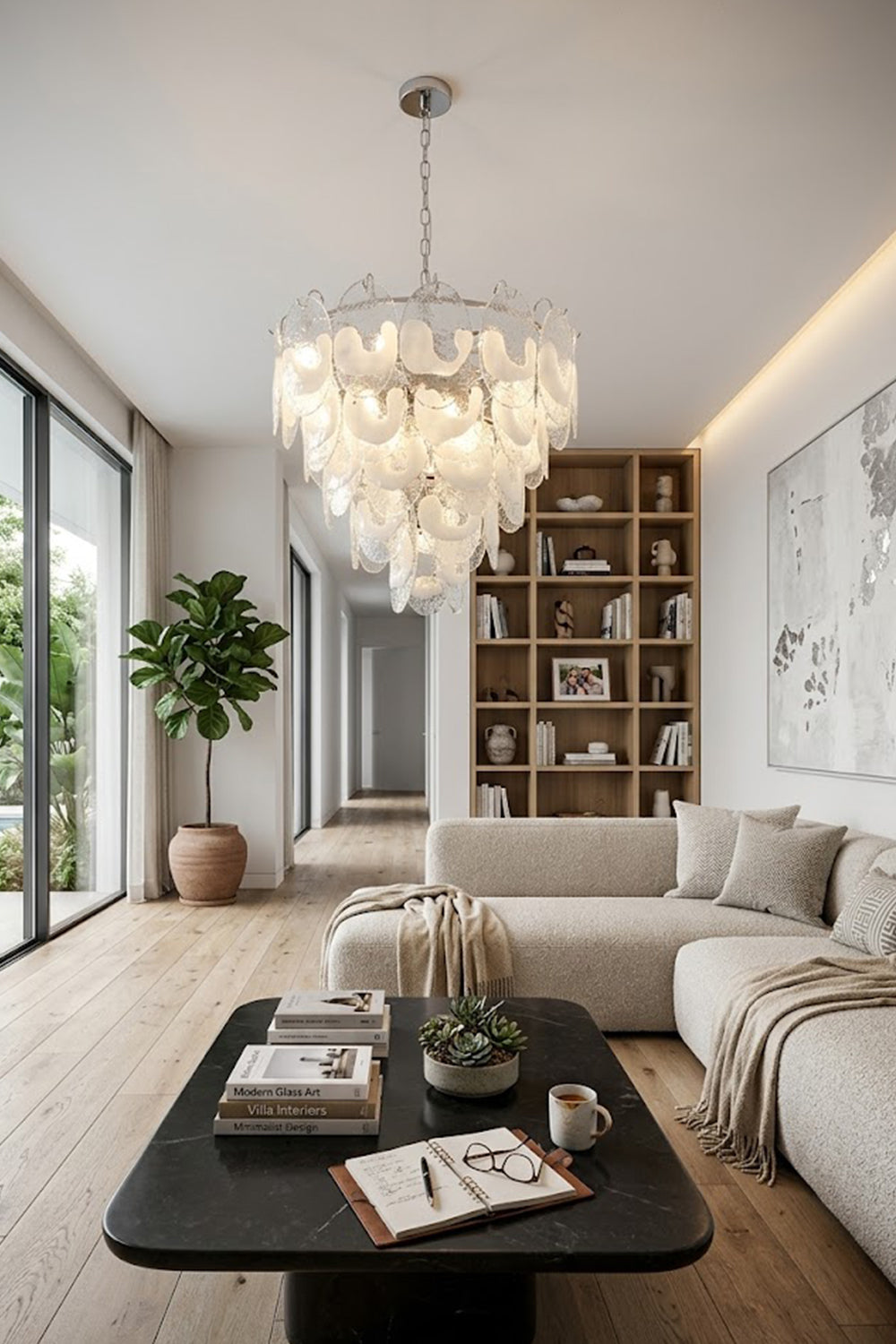 Frostelle glass leaf chandelier providing warm ambient light | Metal, Glass | Living room scene with beige sofa and bookshelves | Samu Lamp
